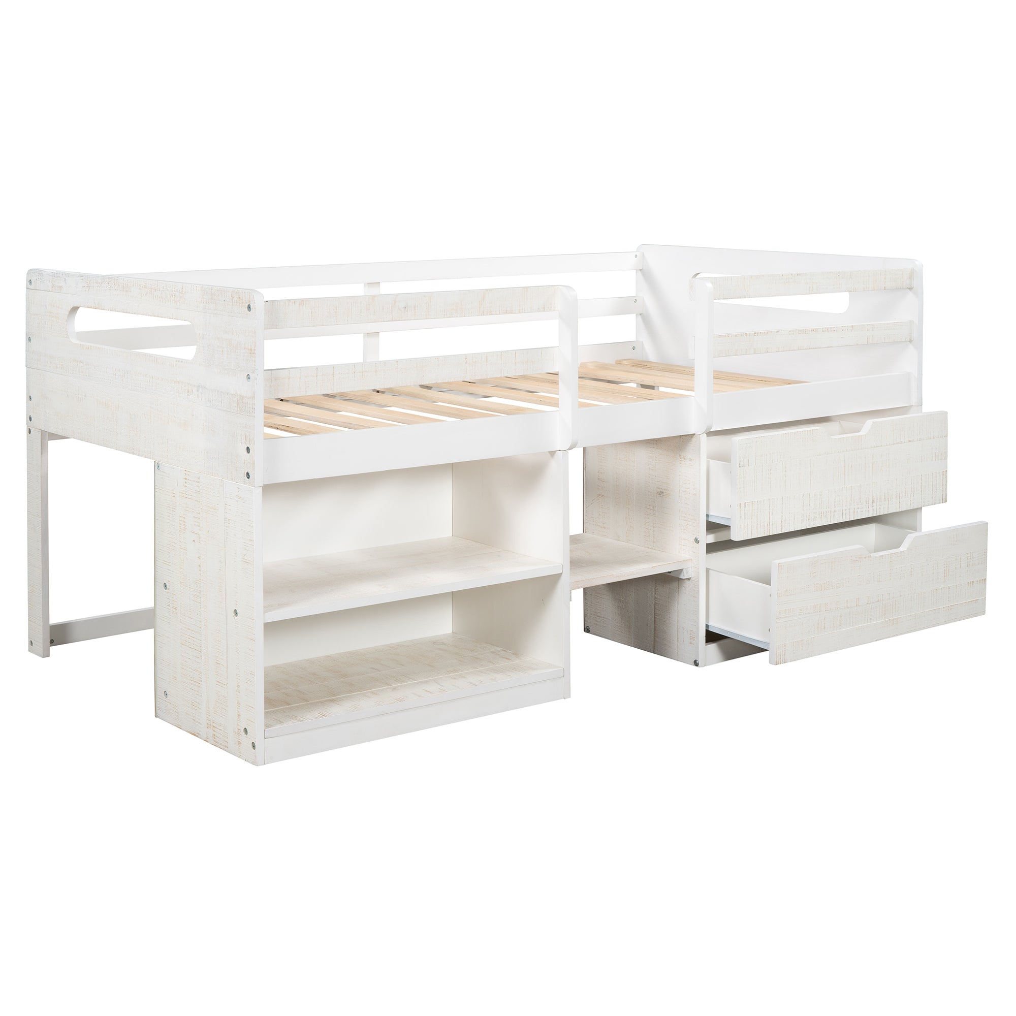 Twin size Loft Bed with Two Shelves and Two drawers (Antique White)