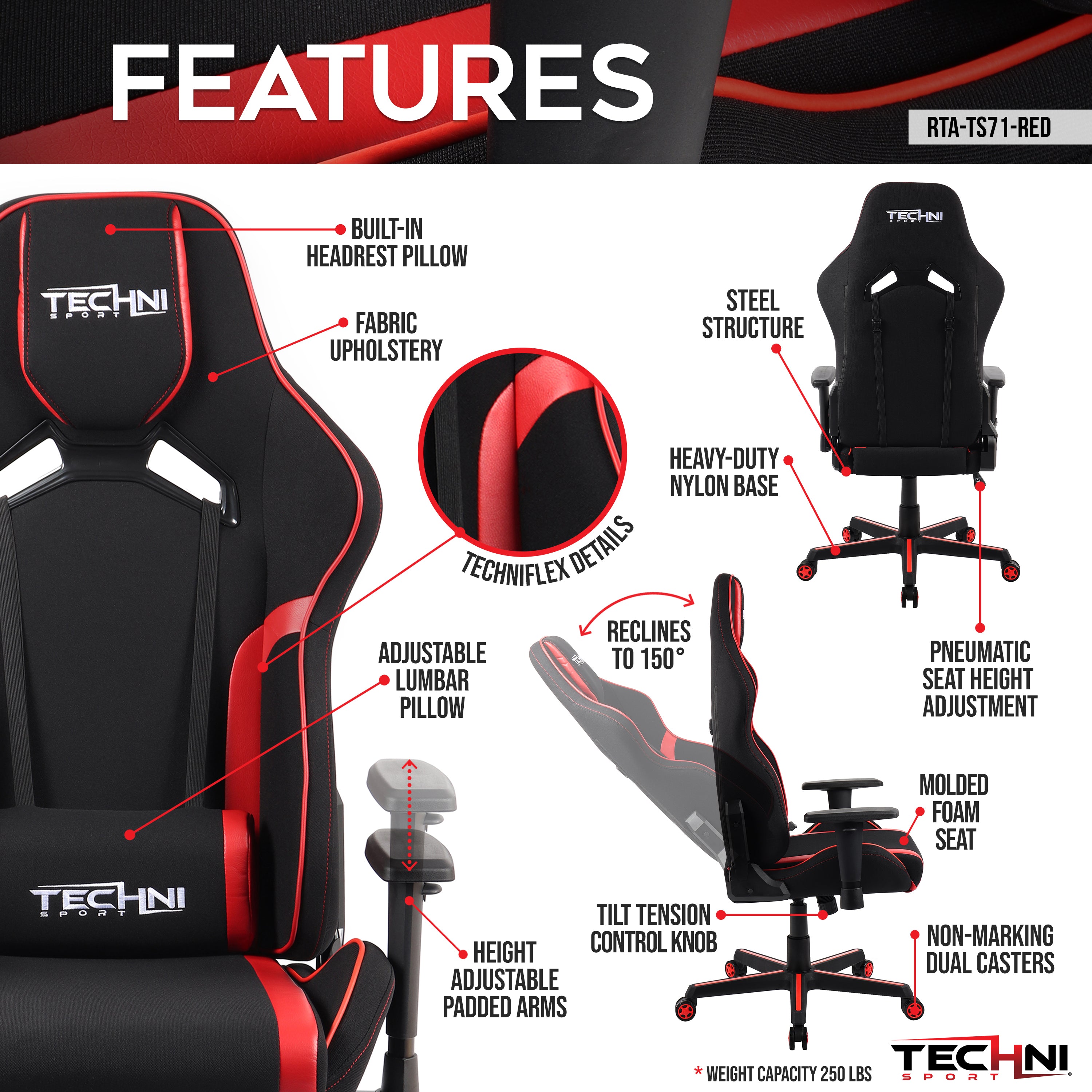 Techni Sport TSF-71 Fabric and PU Gaming Chair (Red)