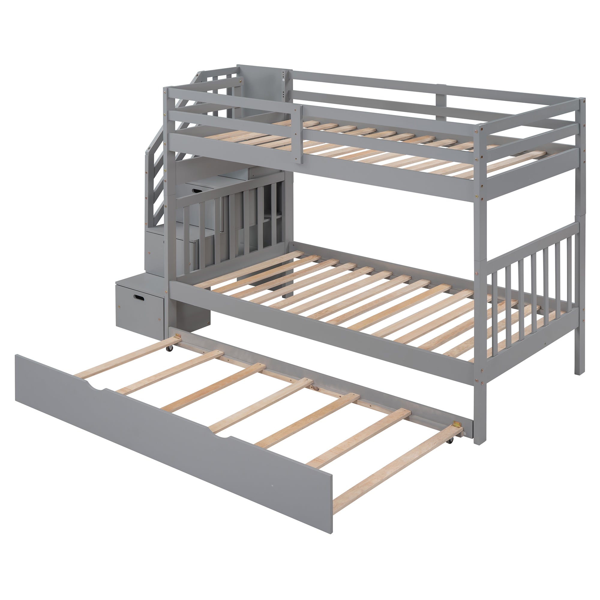 Twin over Twin/Full Bunk Bed with Twin Size Trundle (Gray)