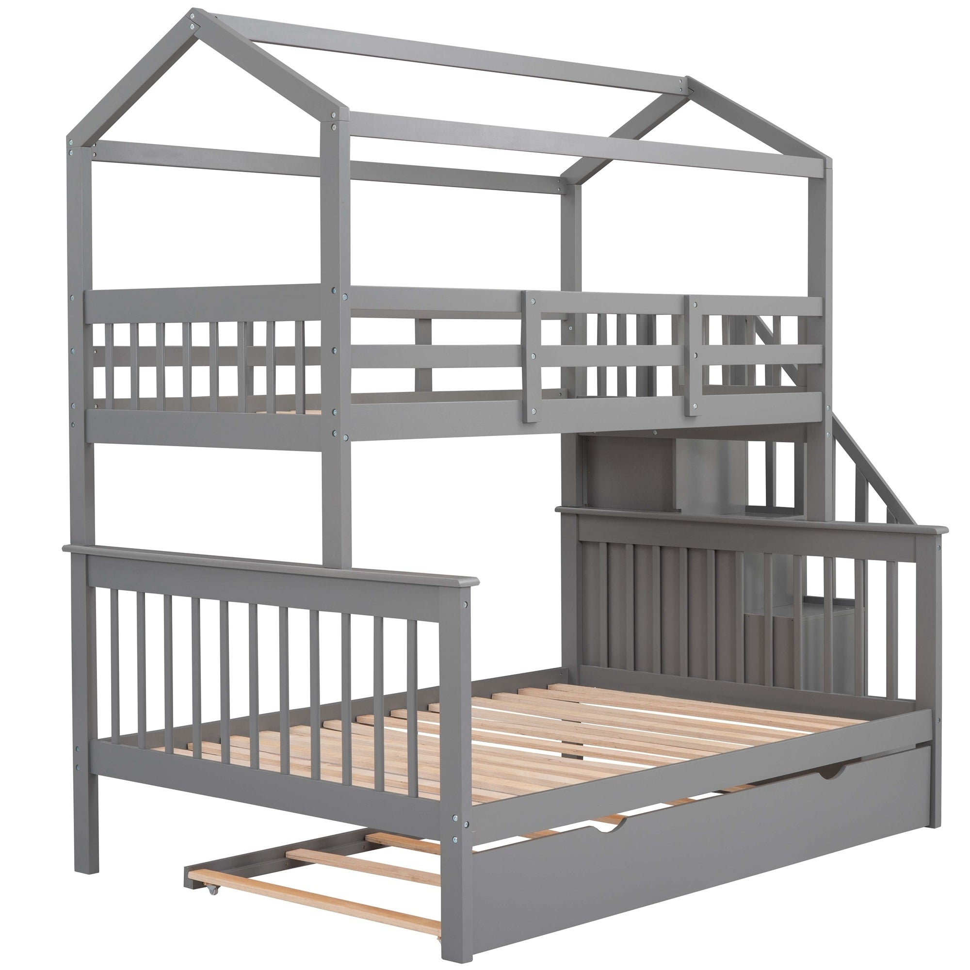 Twin over Full House Bunk Bed with Trundle and Staircase (Gray)