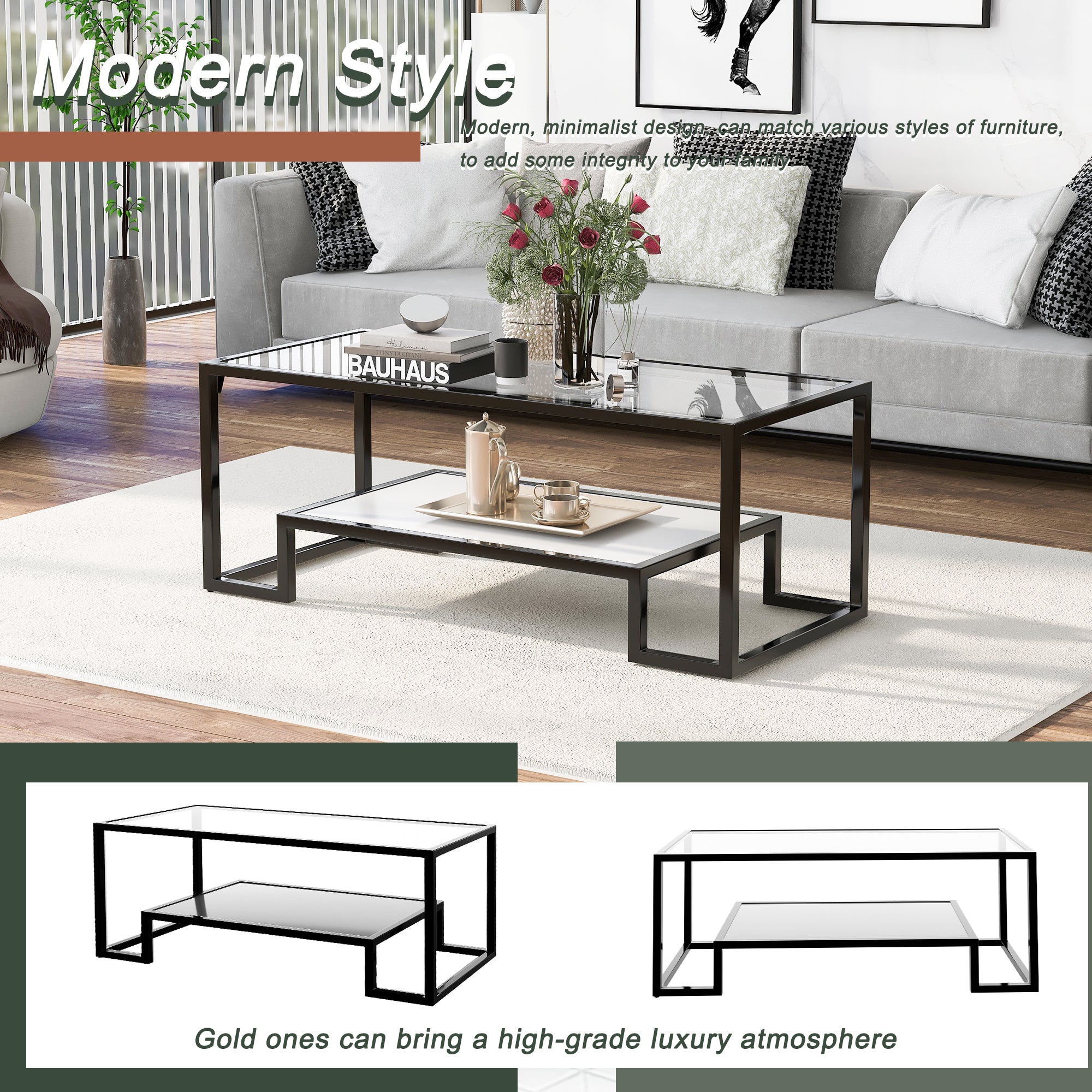 ON-TREND Modern Minimalist Design Living Room Coffee Table (Black)