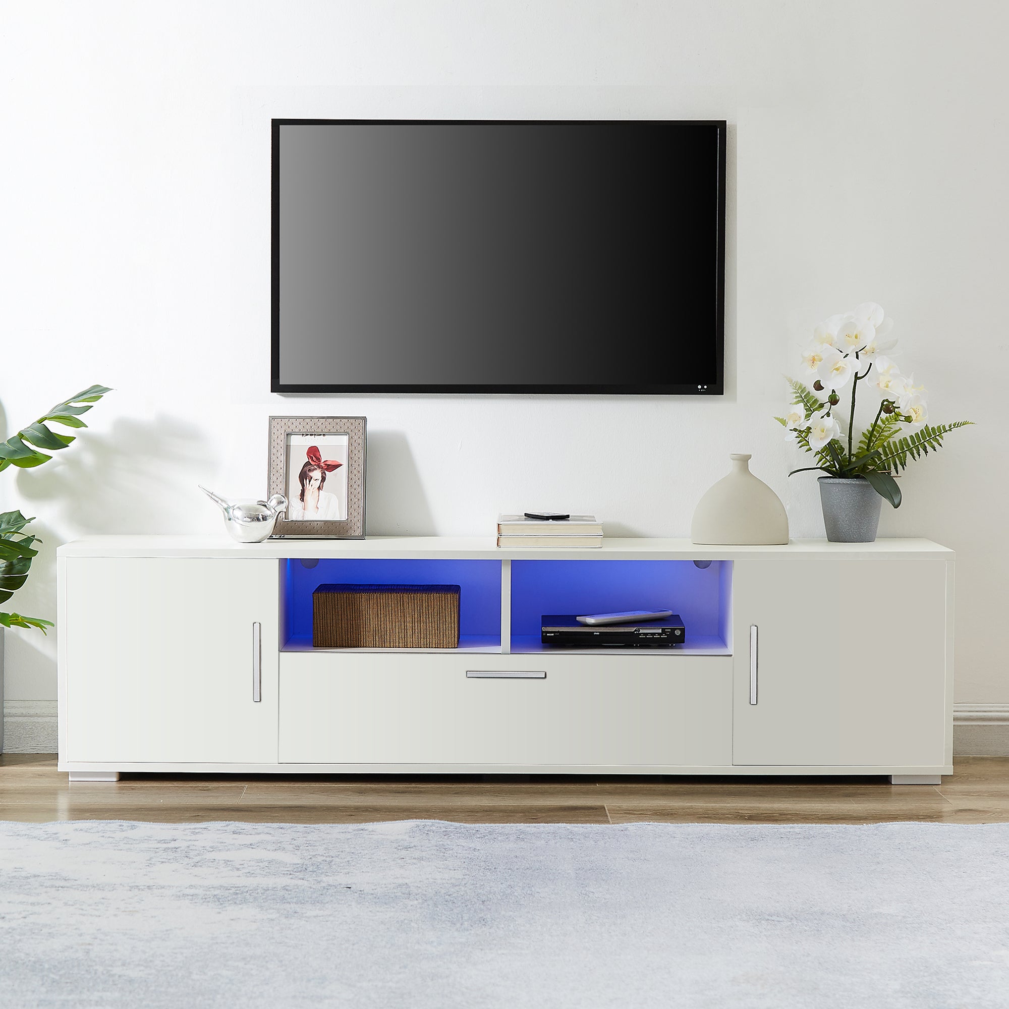 QUICK ASSEMBLE Modern TV Stand with LED Lights (White)