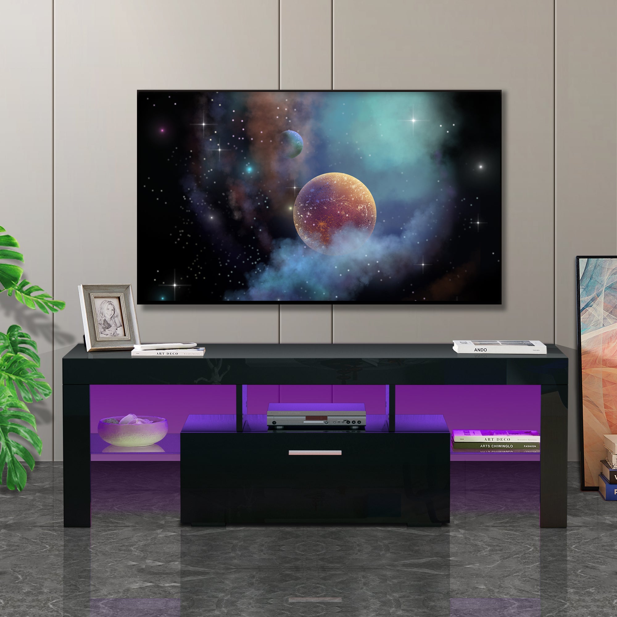 Modern TV Stand with LED Lights (Black)