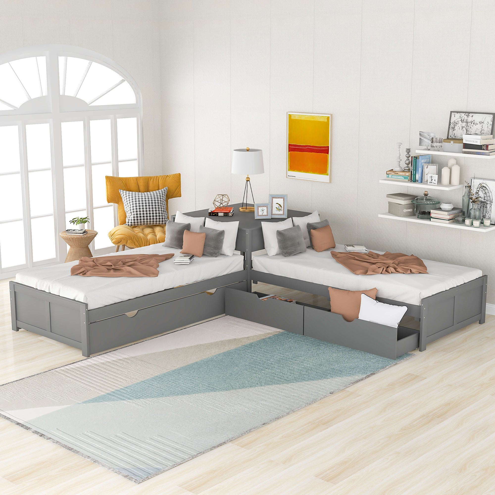 L-shaped Platform Bed with Trundle and Drawers Linked with built-in Desk (Gray)