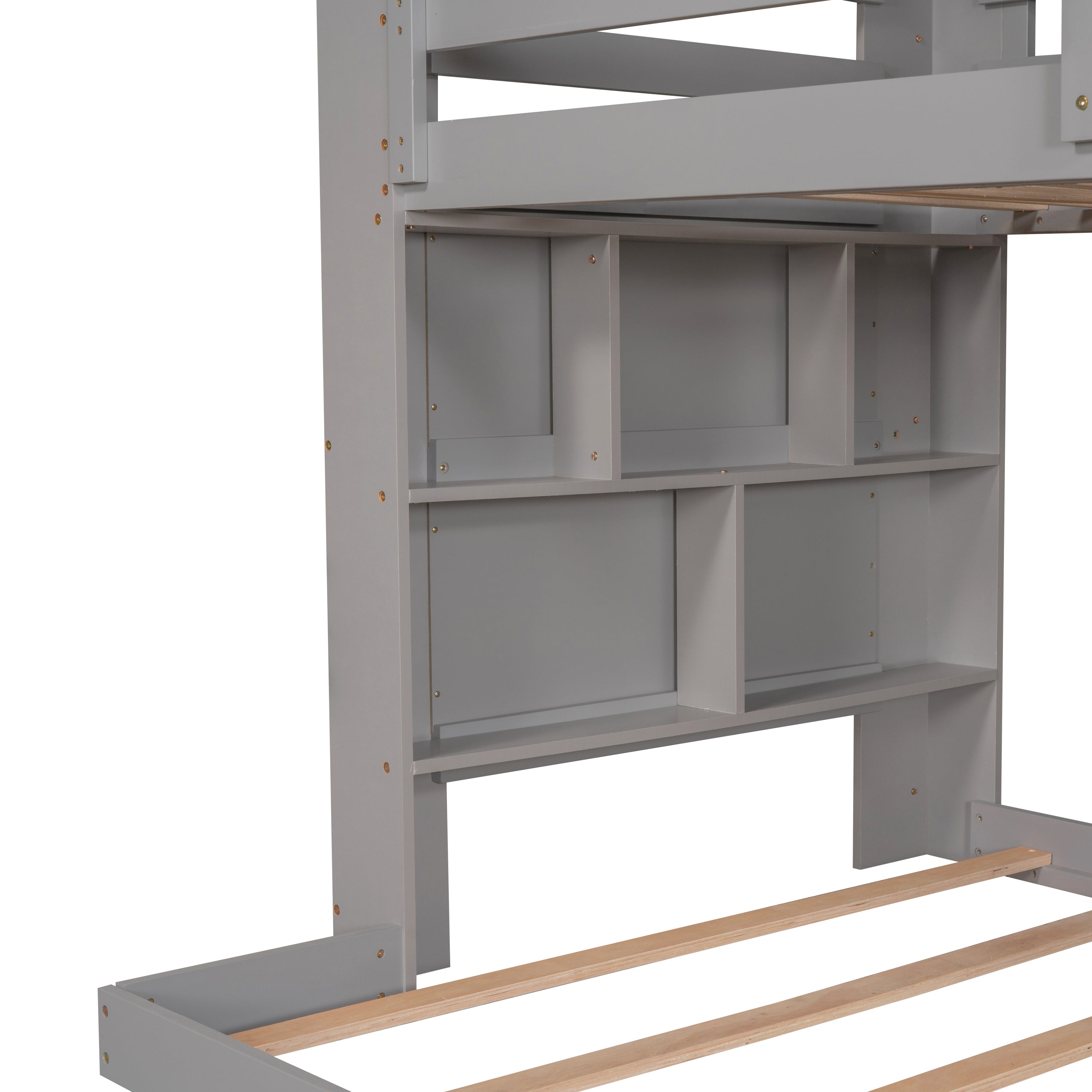 Twin Over Full Bunk Bed with Desk Storage Shelves (Gray)