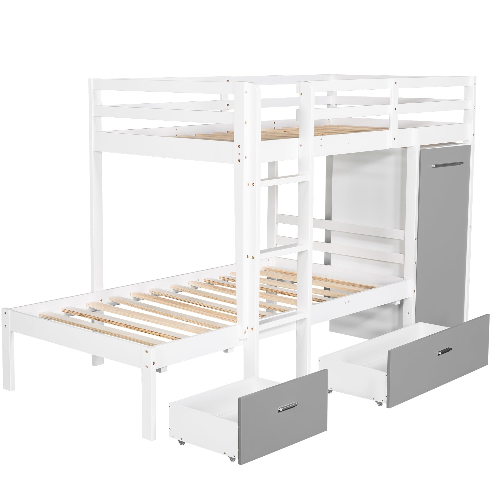Twin over Twin Bunk Bed with Built-in Storage Wardrobe and Two Drawers (White)