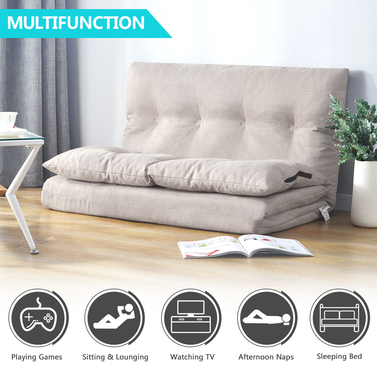 Adjustable Fabric Folding Chaise Lounge Sofa Floor Couch and Sofa(Beige)