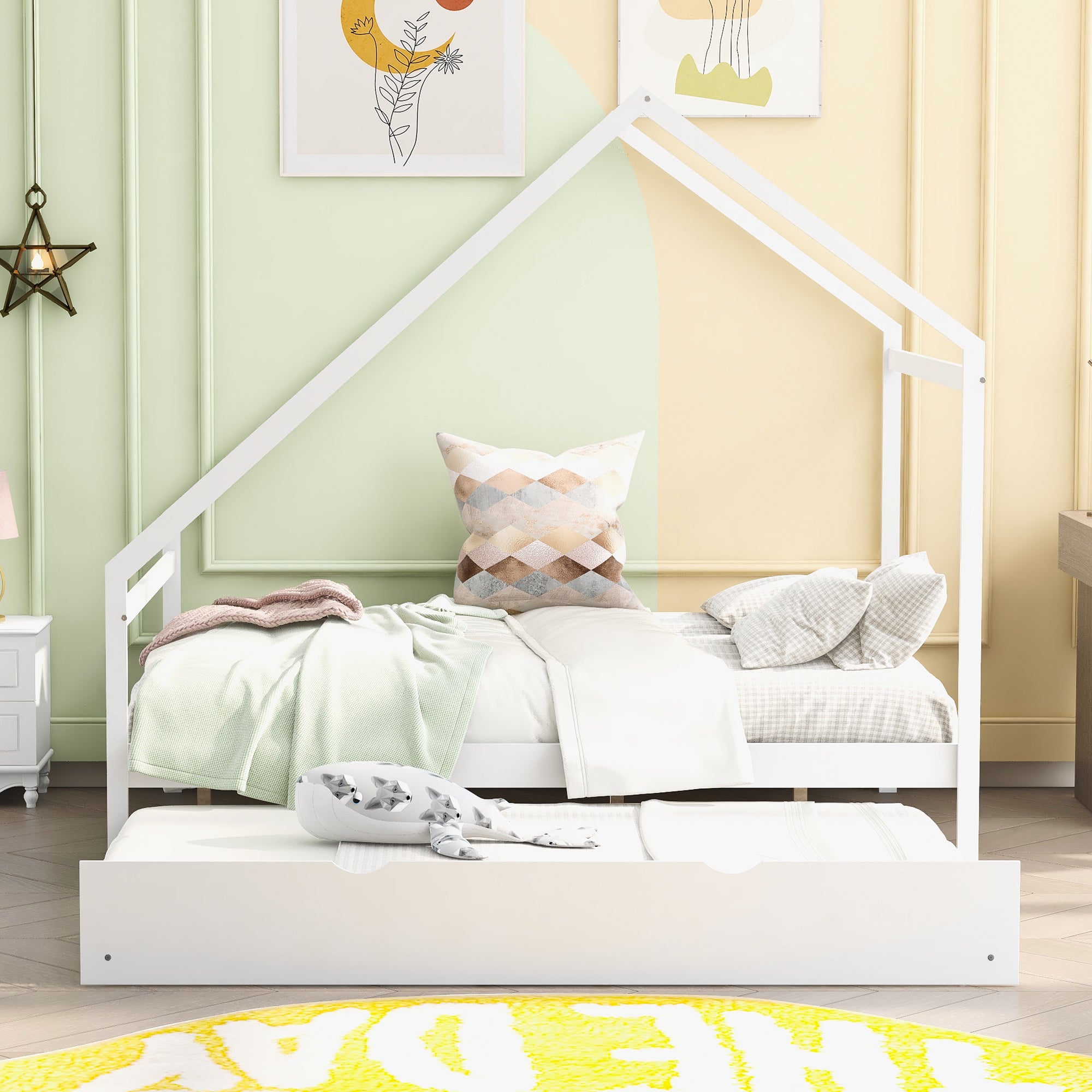 Full Size Wooden House Bed With Twin Size Trundle (White)