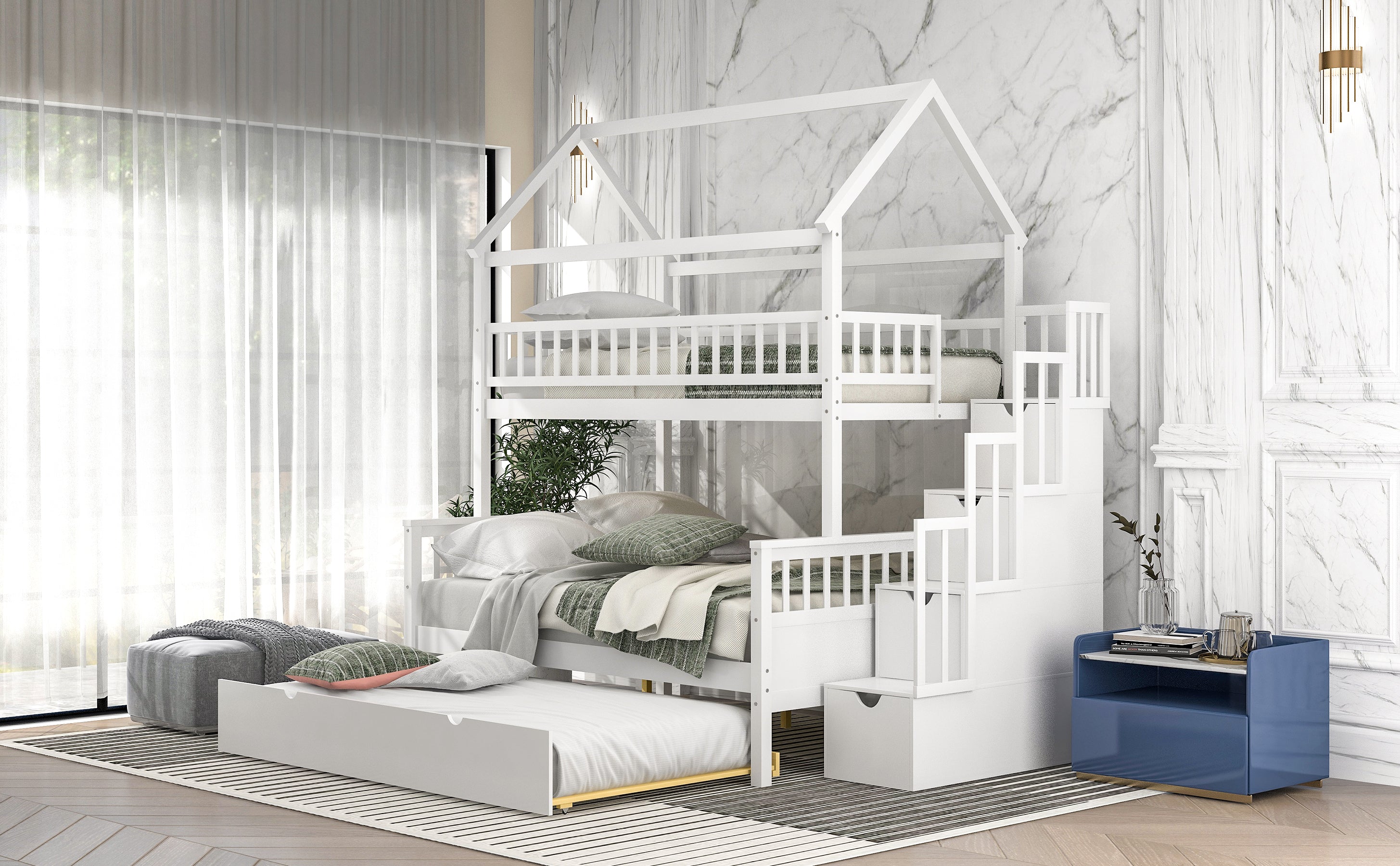 Twin over Full Size House Bunk Bed with Storage Staircase and Trundle (White)
