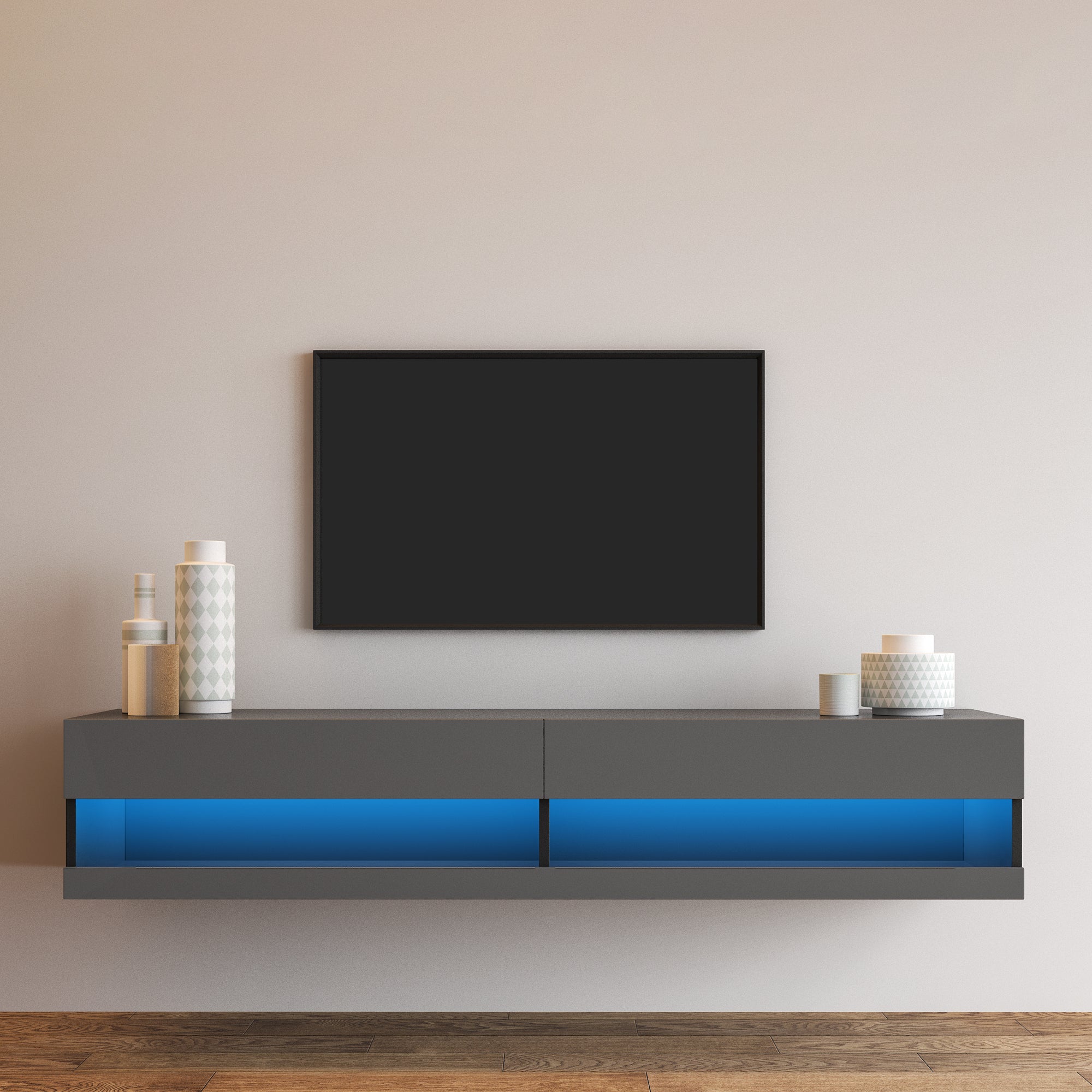 180 Wall Mounted Floating 80 Inch TV Stand with Color LED (Black)