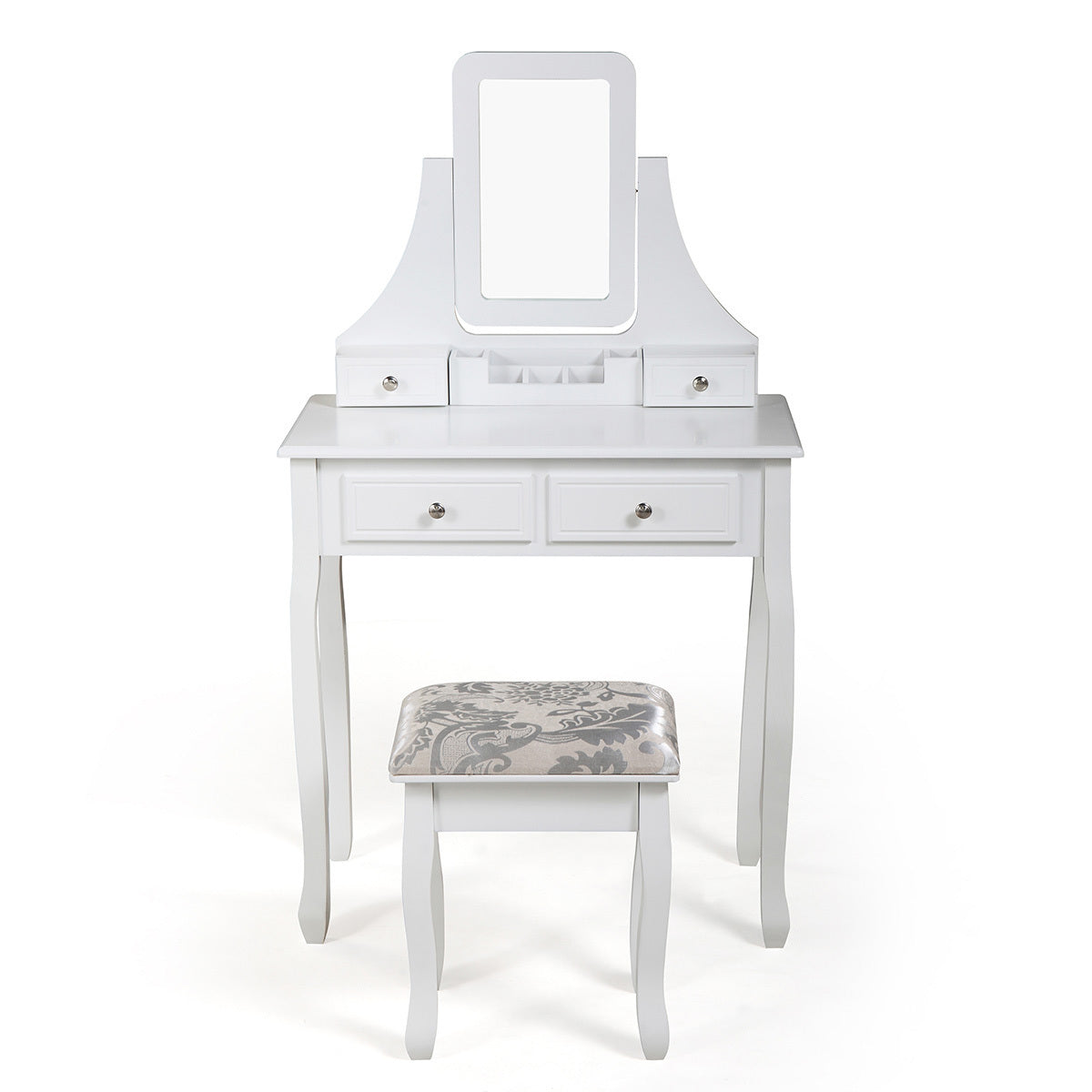 Vanity Table Set with Mirror and Cushioned Stool (White)