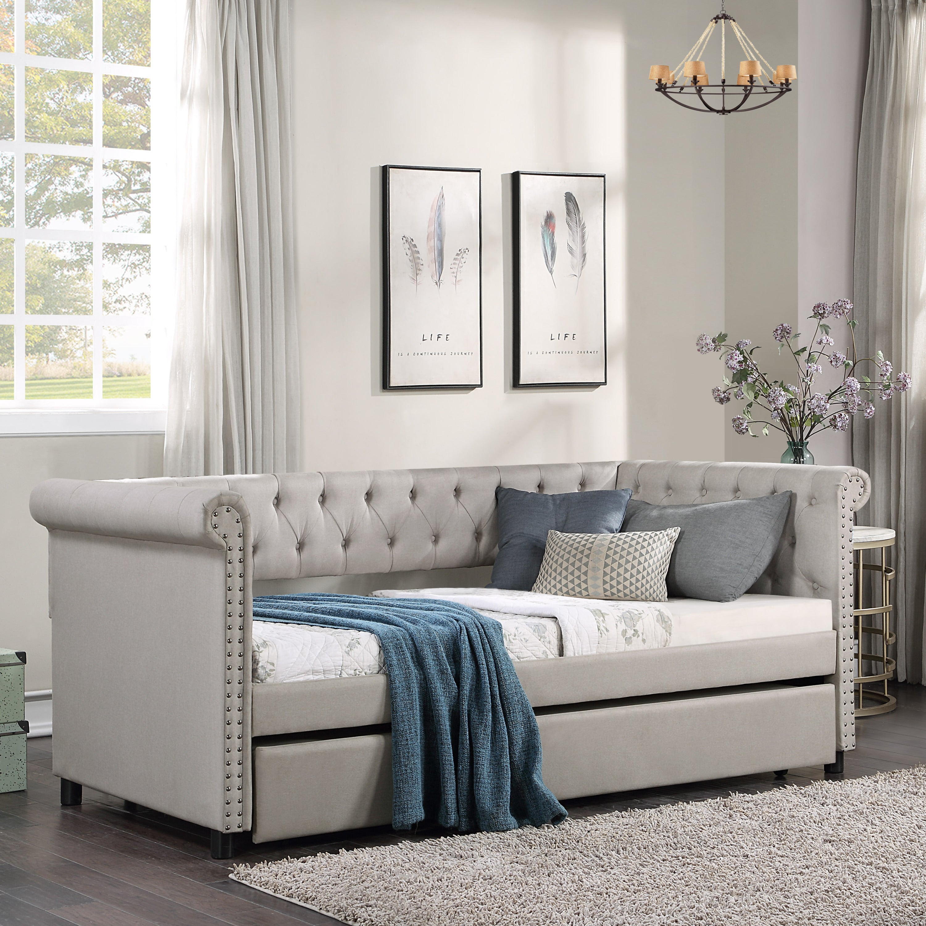 Linen Fabric Upholstered Daybed with Trundle Twin Size frame (Beige)