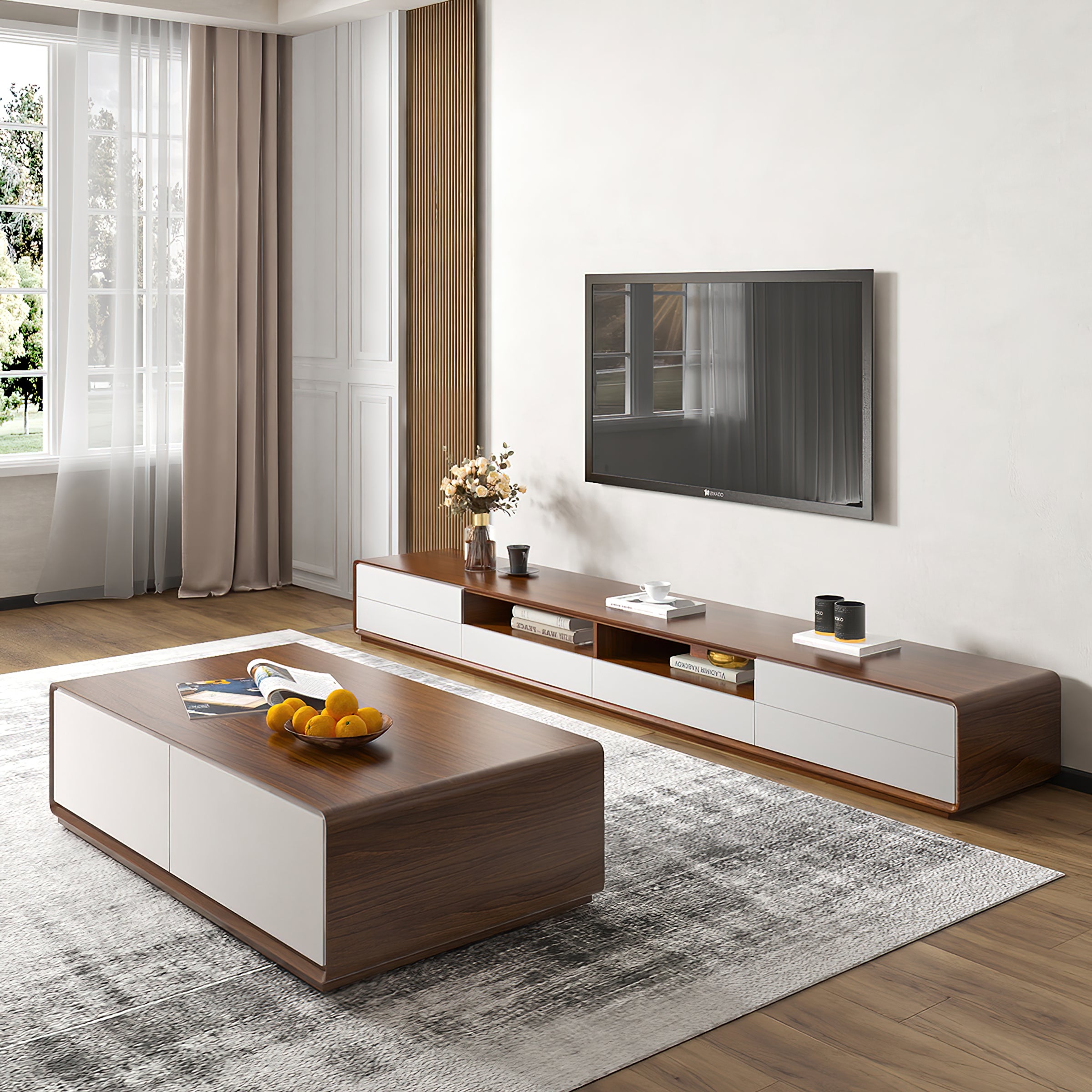 94" Modern Wood White TV Cabinet (Walnut)