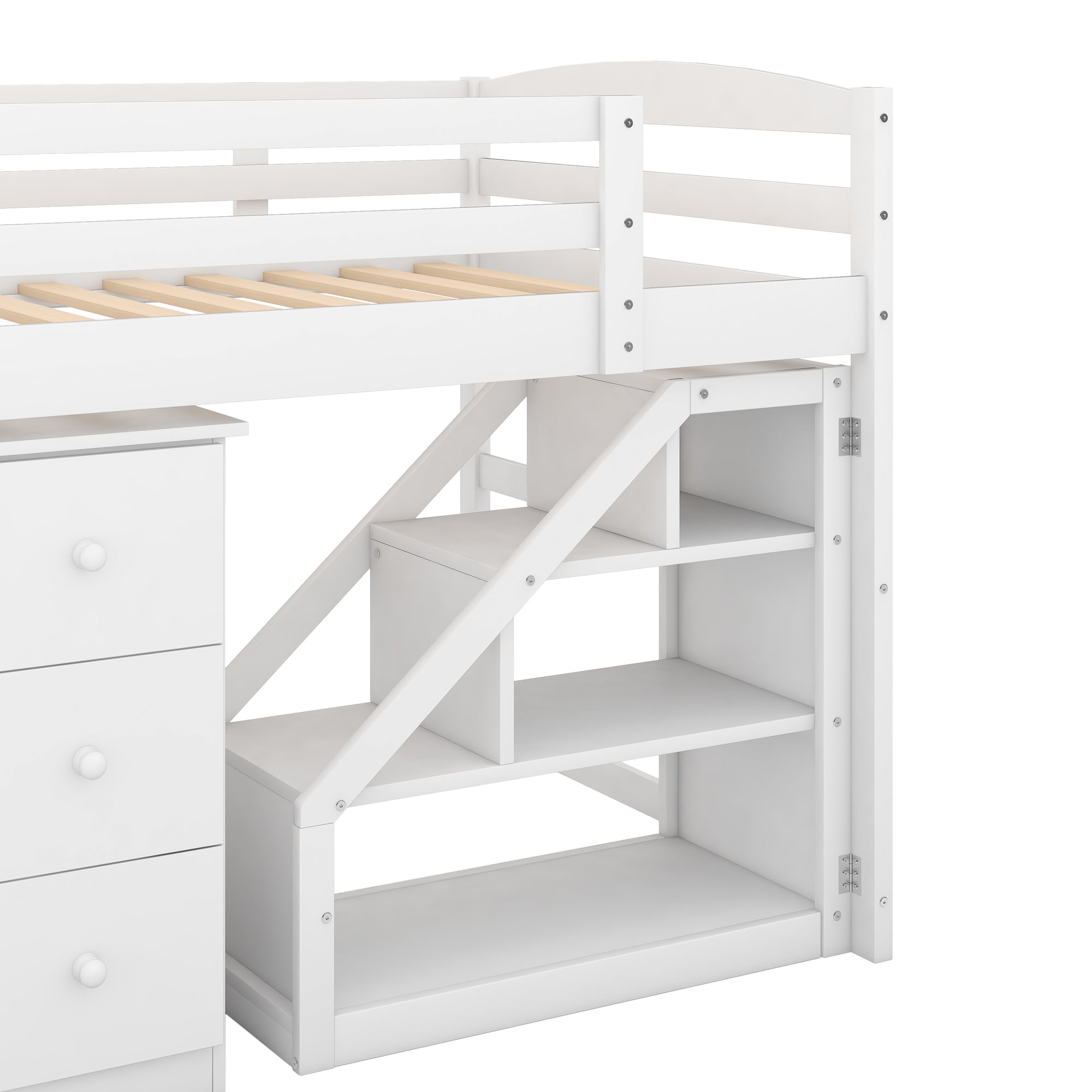 Twin Size Loft Bed with Multifunctional Movable Built-in Desk and and Staircase (White)