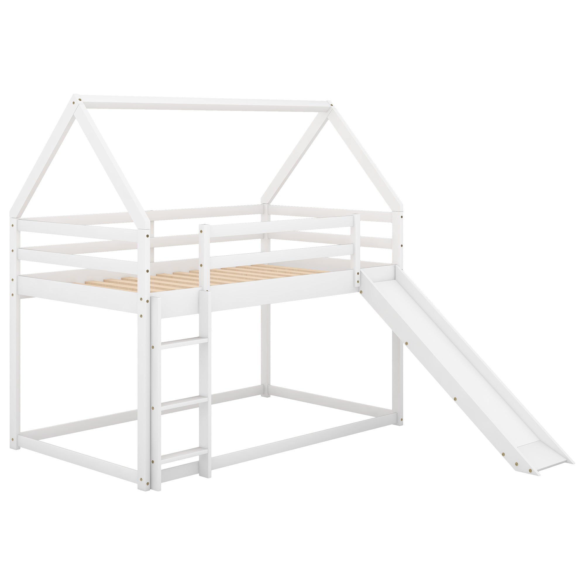 Twin Size Bunk House Bed with Slide and Ladder (White)