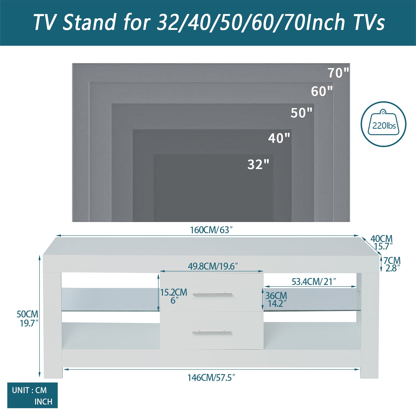 1.6M White Modern TV Stand with LED Light (White)