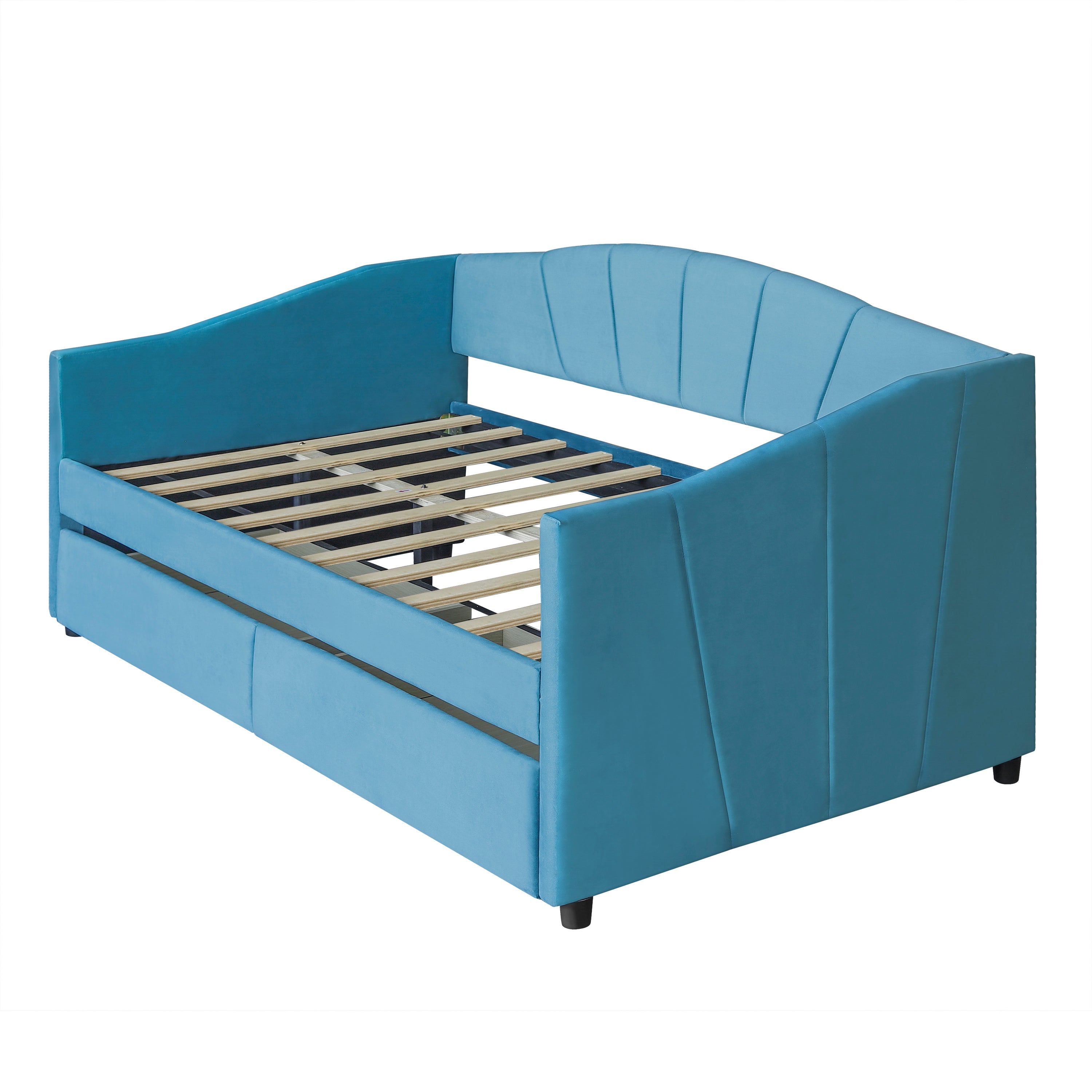 Upholstered daybed Twin Size with Two Drawers and Wood Slat Suppot (Blue)