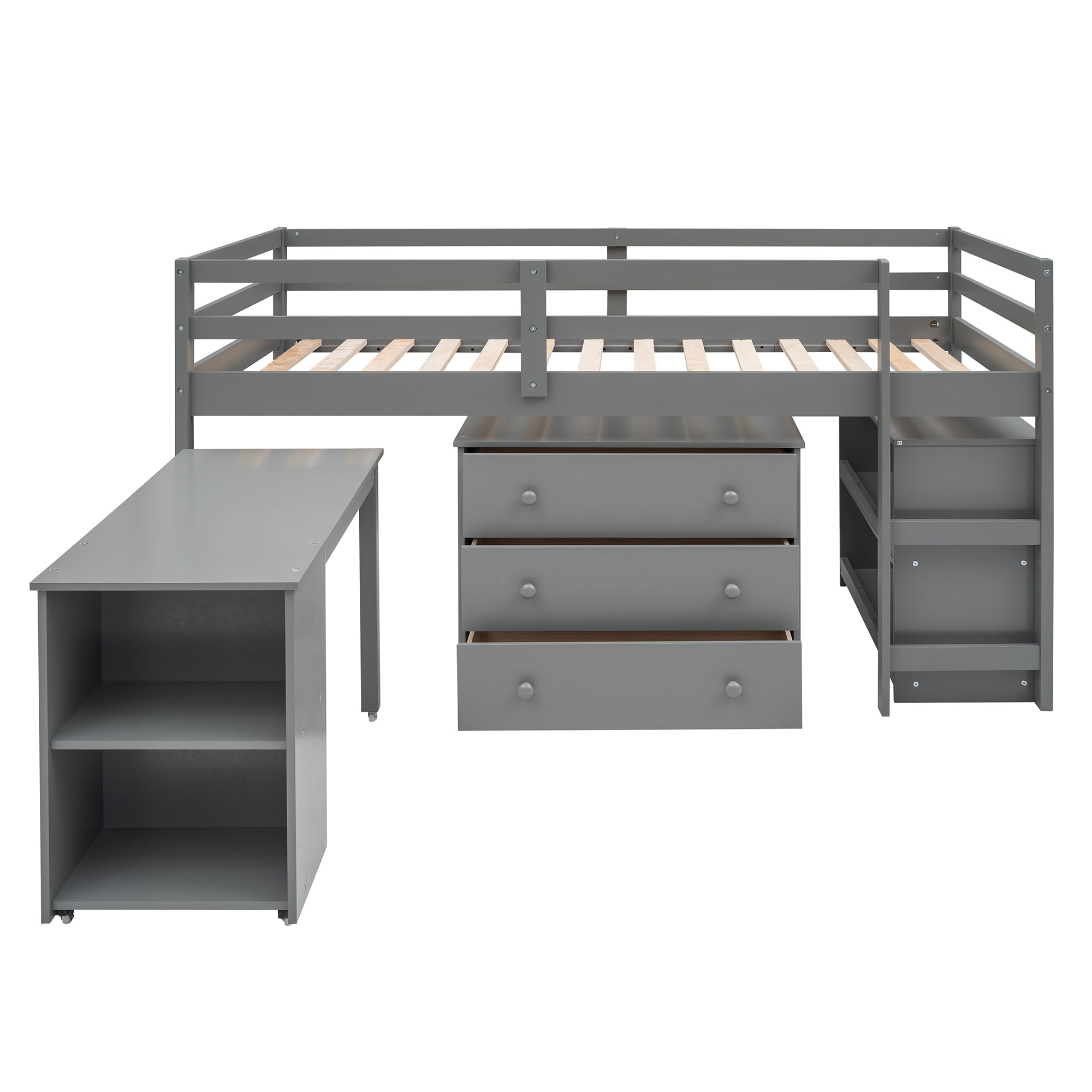 Low Study Twin Loft Bed with Cabinet and Rolling Portable Desk (Gray)
