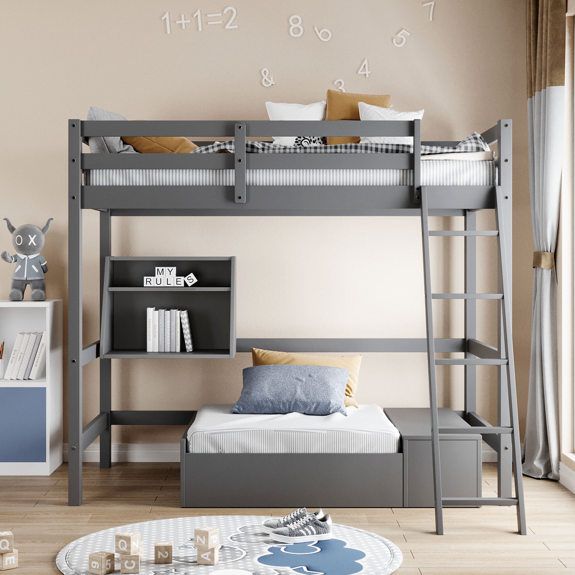 Twin Size Loft Bed Wood Bed with Convertible Lower Bed ( Gray )