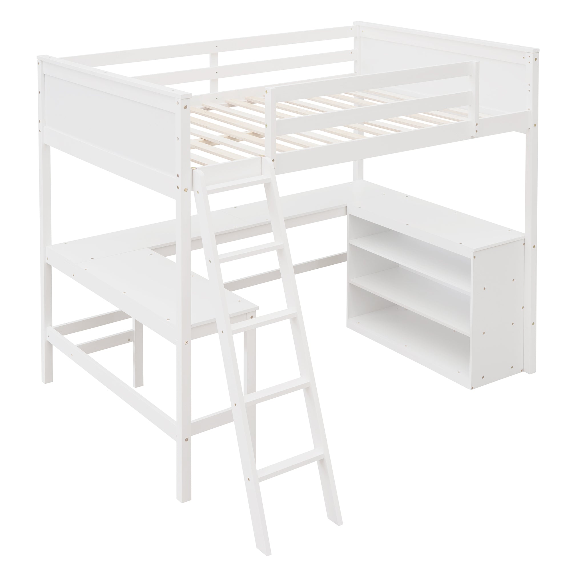 Full size Loft Bed with Shelves and Desk (White)
