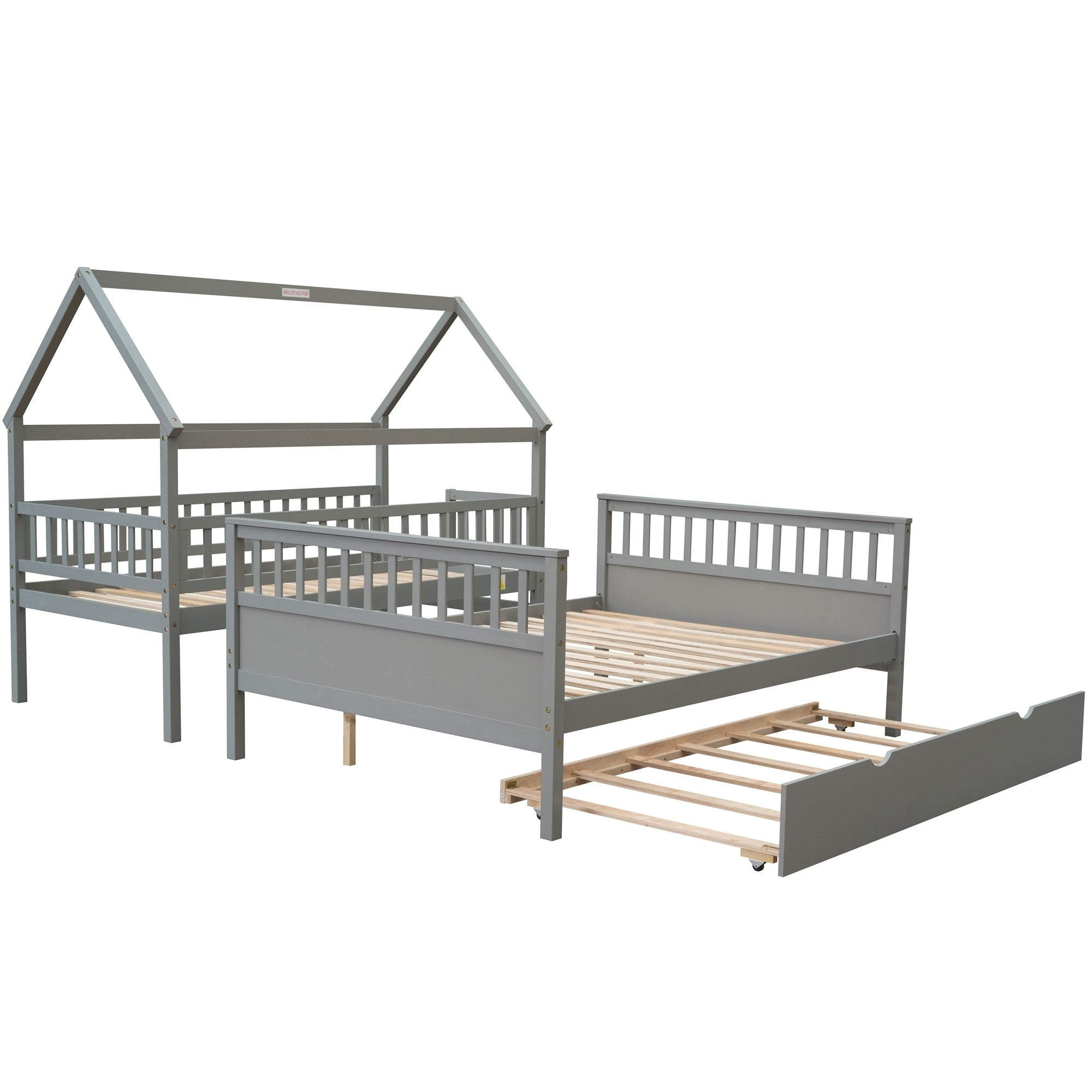 Twin over Full Size House Bunk Bed with Storage Staircase and Trundle (Gray)