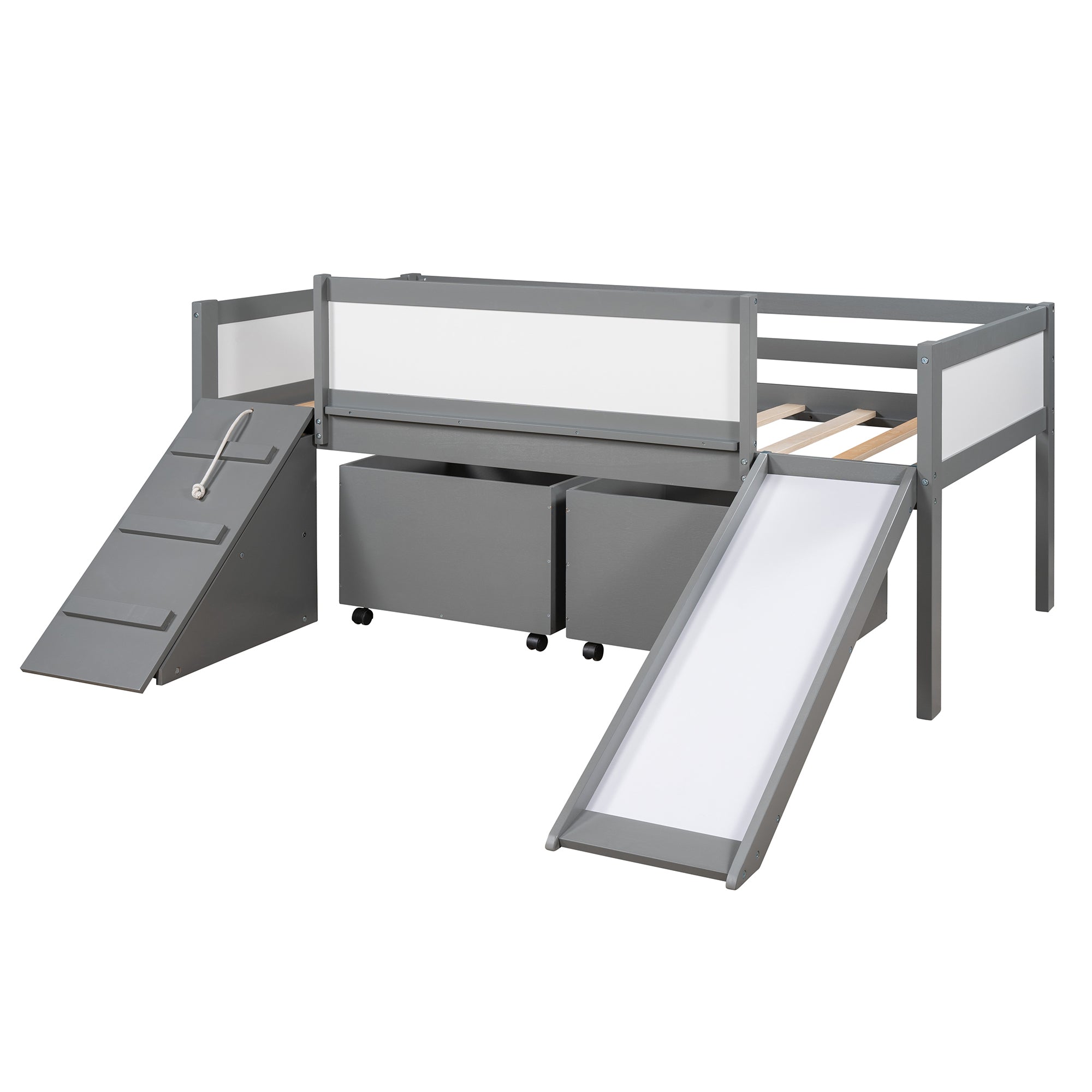 Twin size Low Loft Bed Wooden Bed with Two Storage Boxes (Gray)