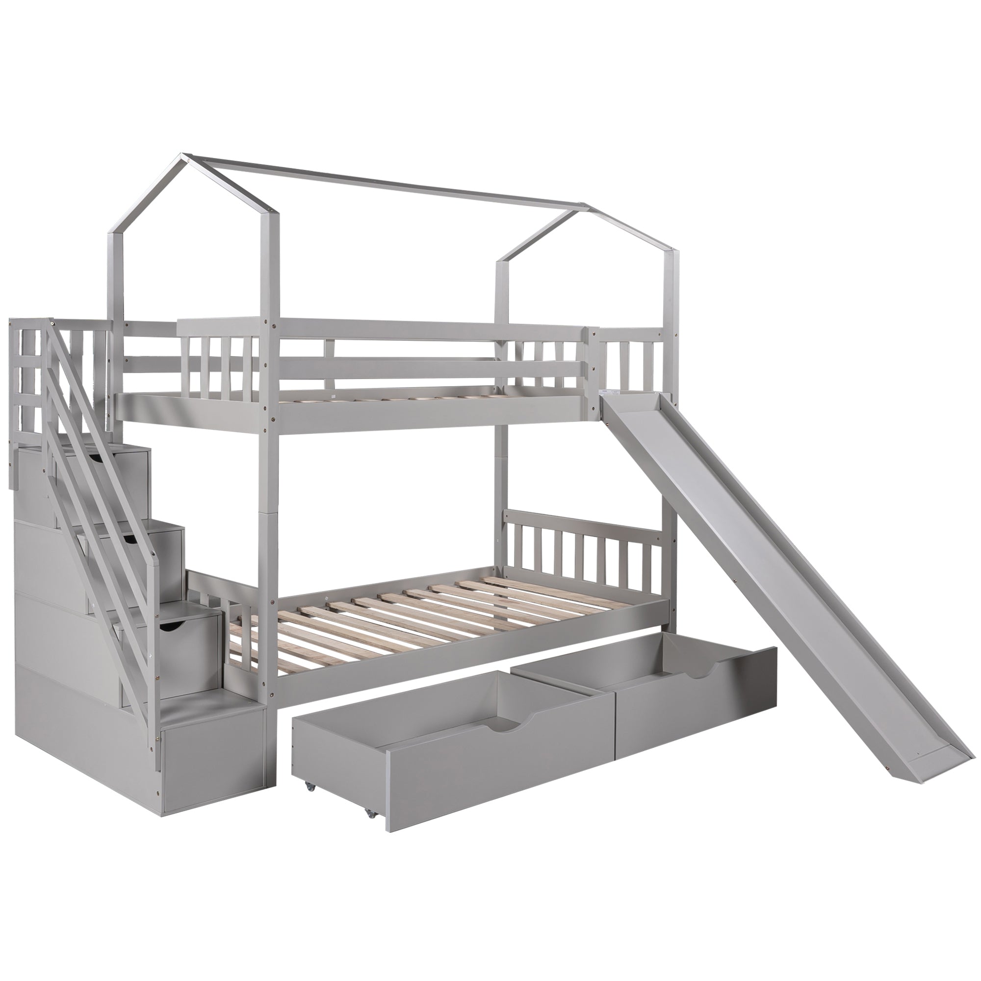 Twin over Twin House Bunk Bed with Two Drawers and Slide (Gray)