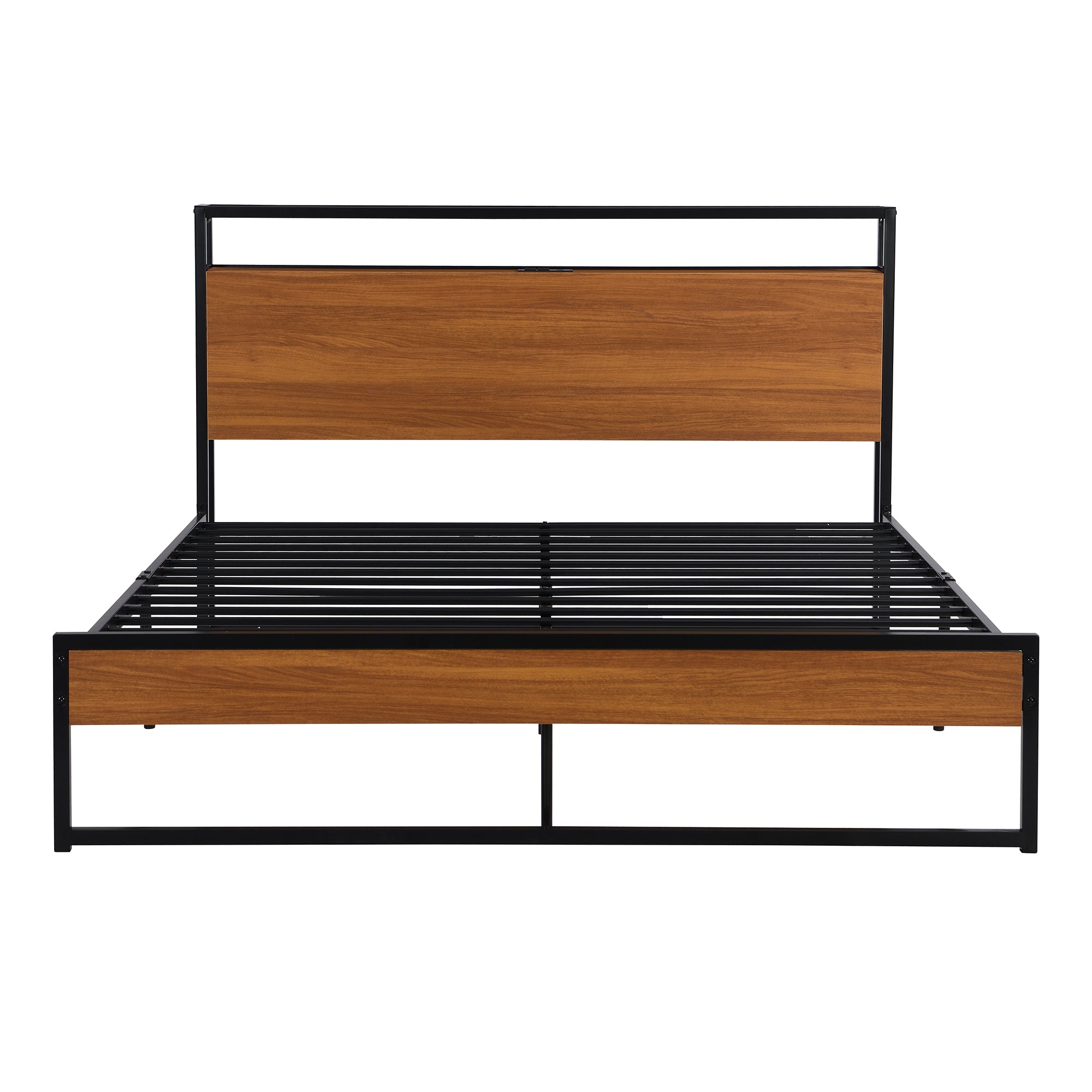 Queen Size Metal Platform Bed Frame with Sockets (Black)