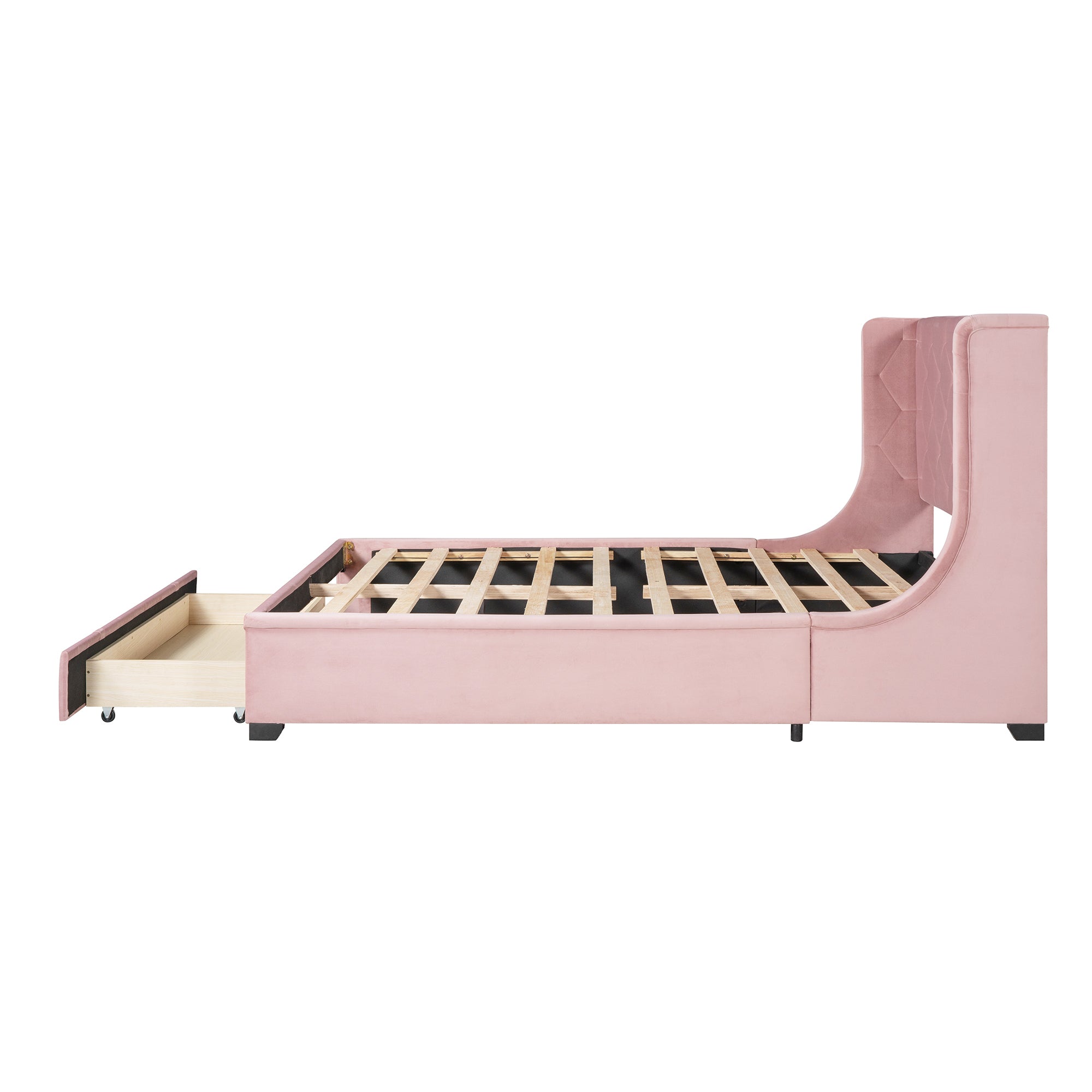 Queen Size Storage Bed Velvet Upholstered Platform Bed with Wingback Headboard and a Big Drawer (Pink)
