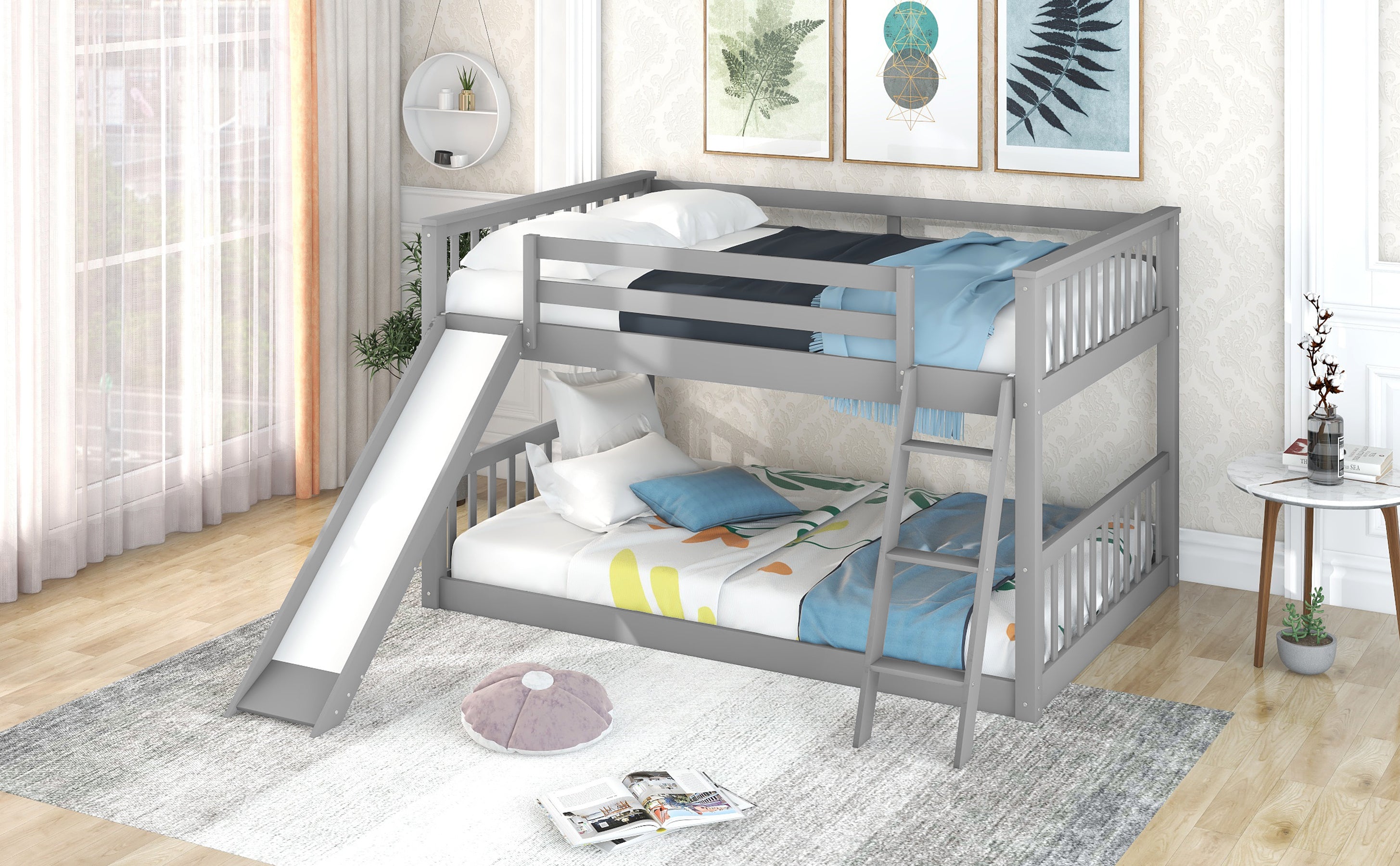 Full over Full Bunk Bed with Convertible Slide and Ladder (Gray)