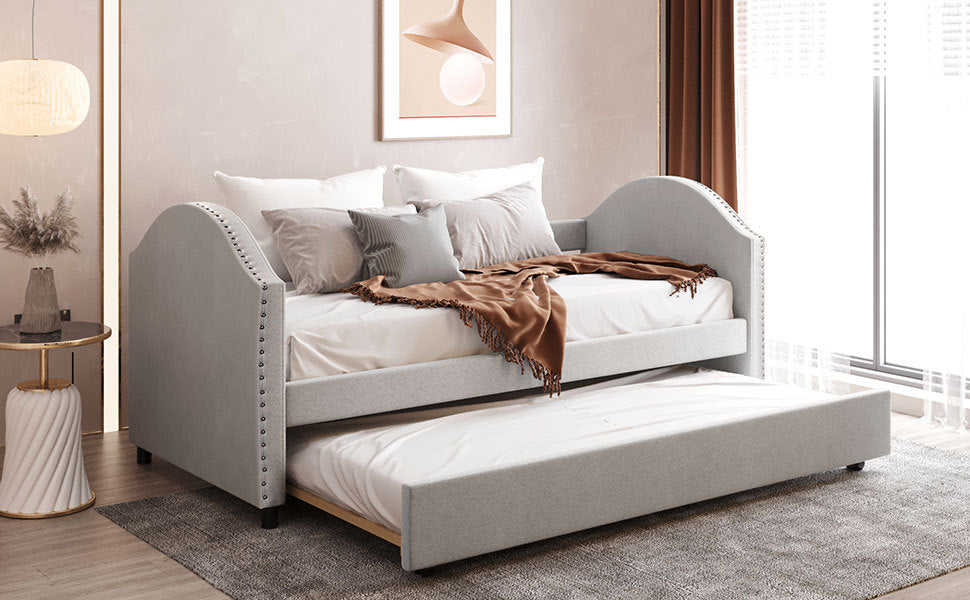 Twin size Upholstered Daybed with Twin Size Trundle (Beige)