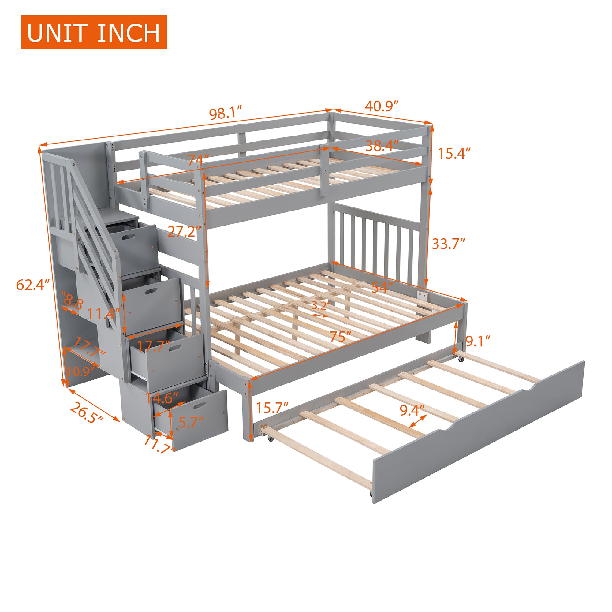 Twin over Twin/Full Bunk Bed with Twin Size Trundle (Gray)