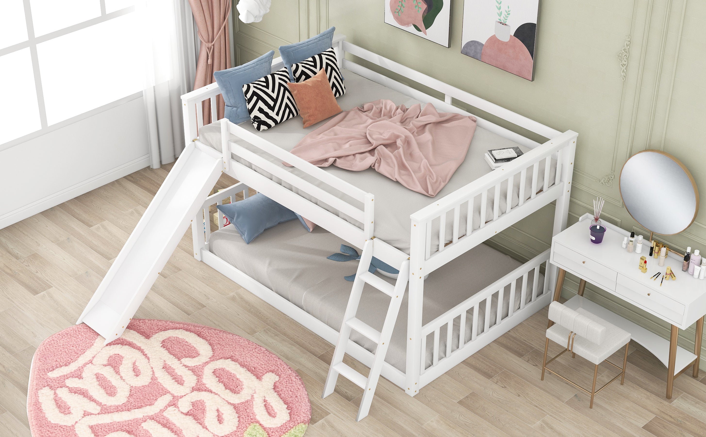 Full over Full Bunk Bed with Convertible Slide and Ladder (White)