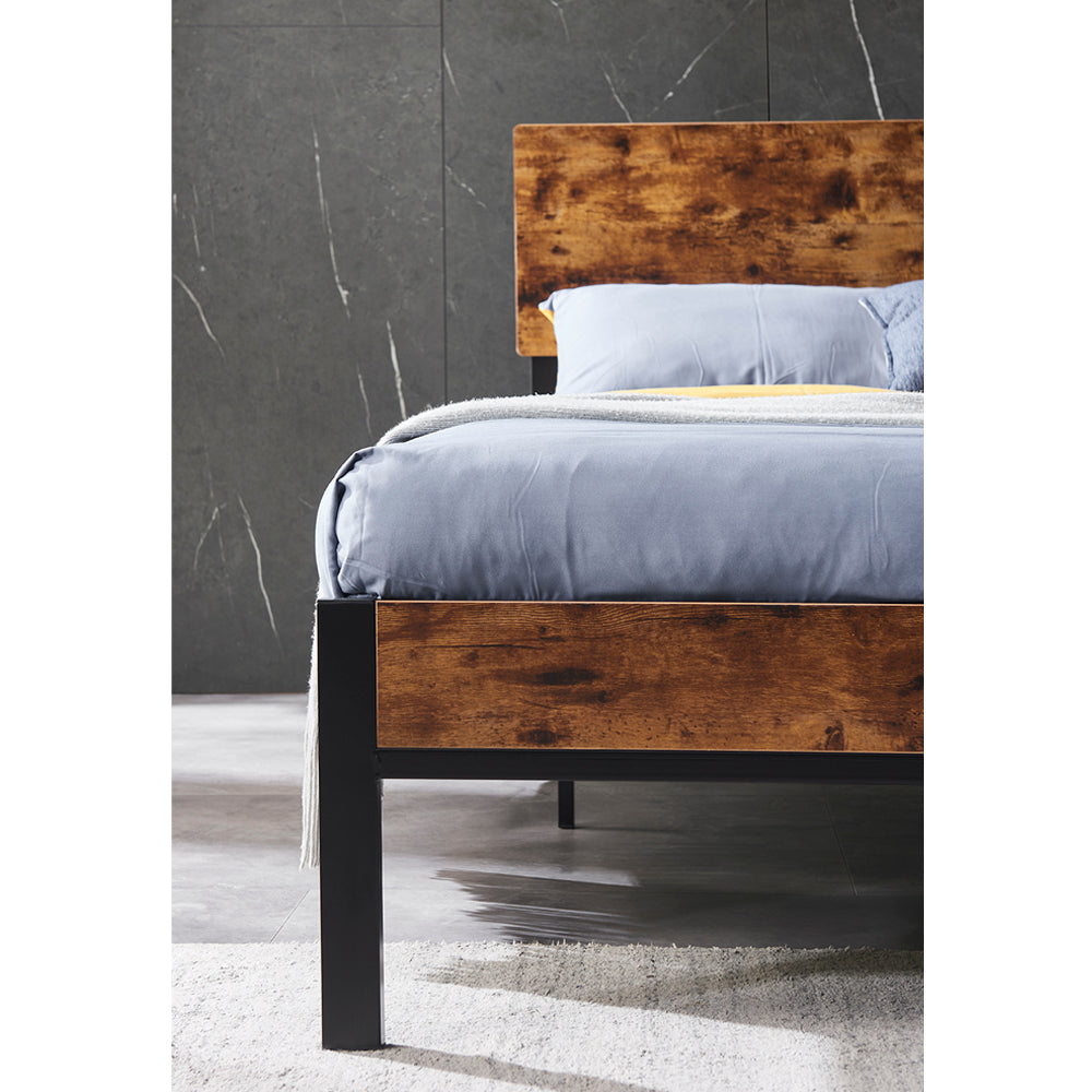 King  Size Metal Platform Bed Frame with Wooden Headboard and Footboard (Nature)