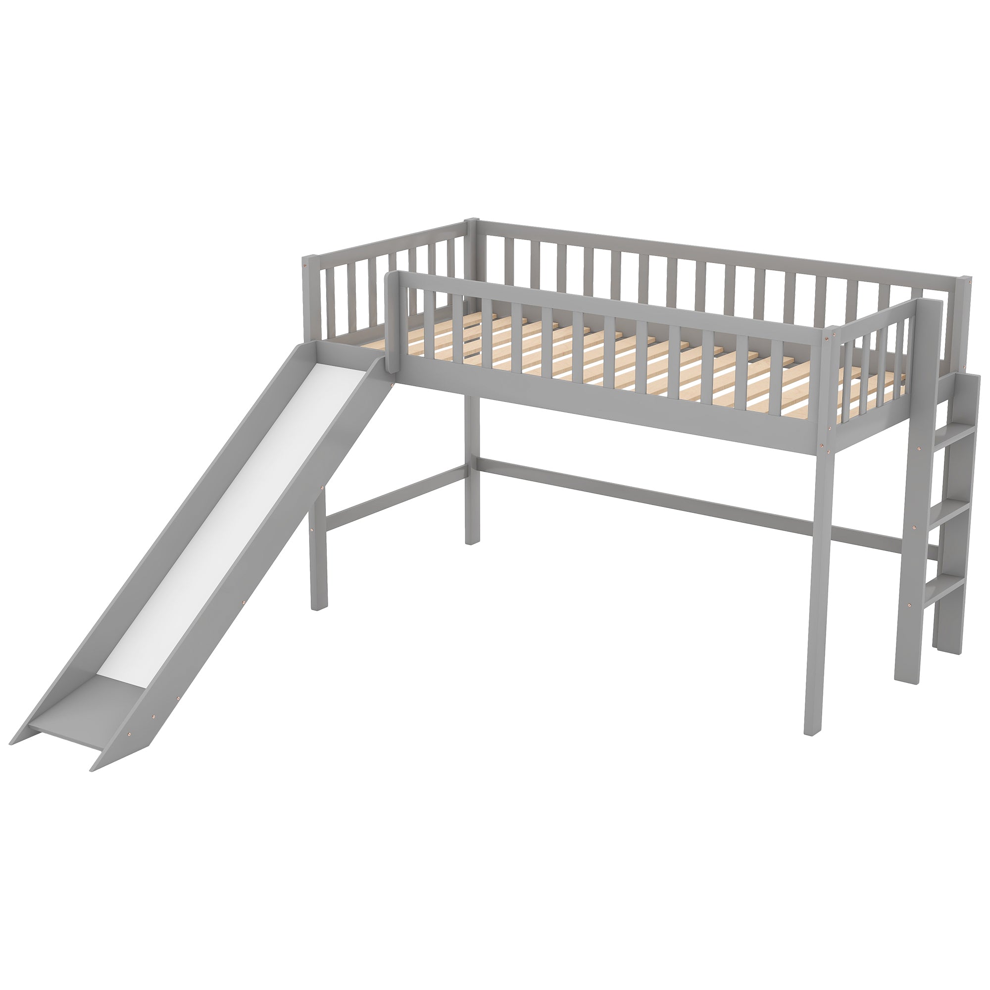 Twin Size Low Loft Bed with Ladder and Slide (Gray)