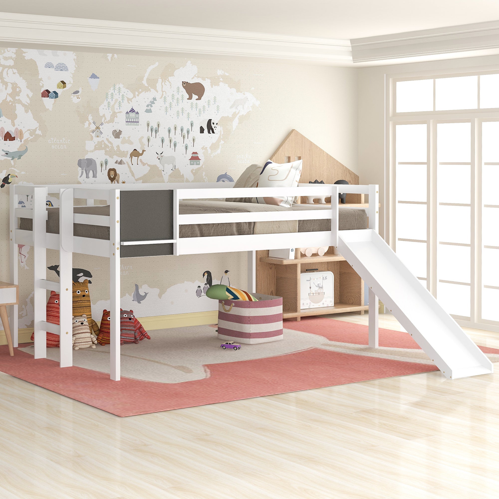 Full size Loft Bed Wood Bed with Slide (White)