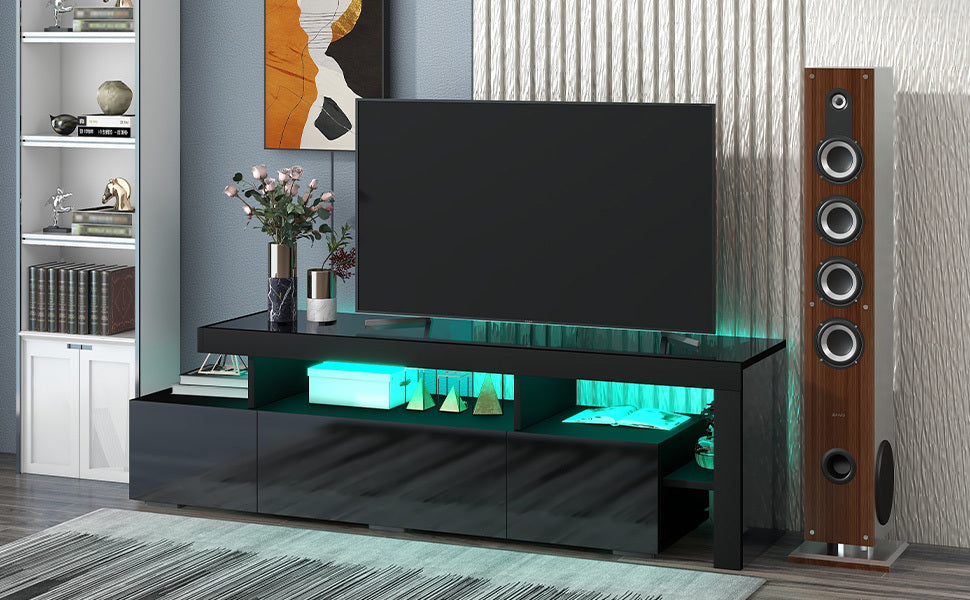 ON-TREND Contemporary TV Cabinet with LED Lights Up to 70 Inch TV (Black)
