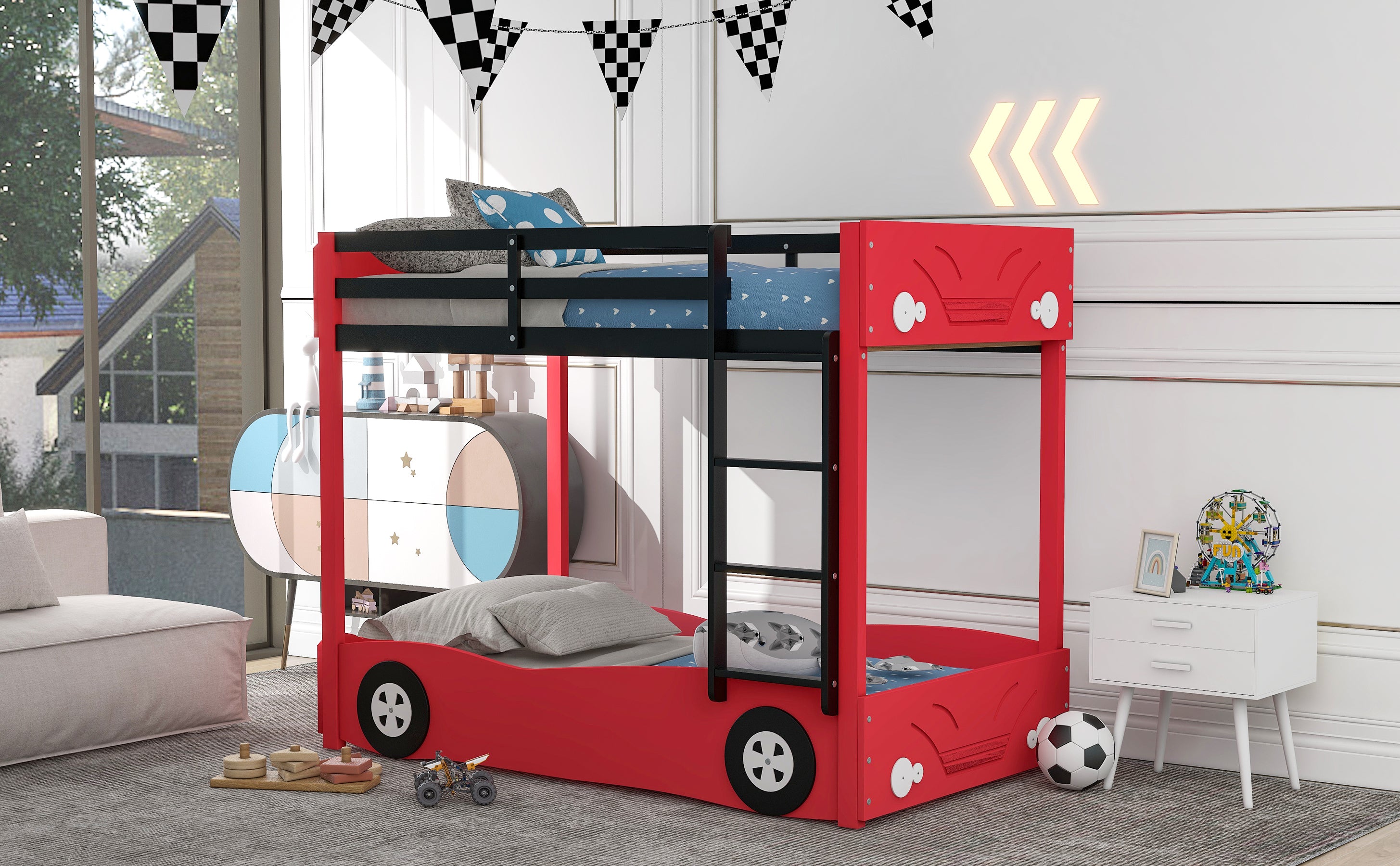 Twin Size Car-Shaped Bunk Bed with Wheels (Red)