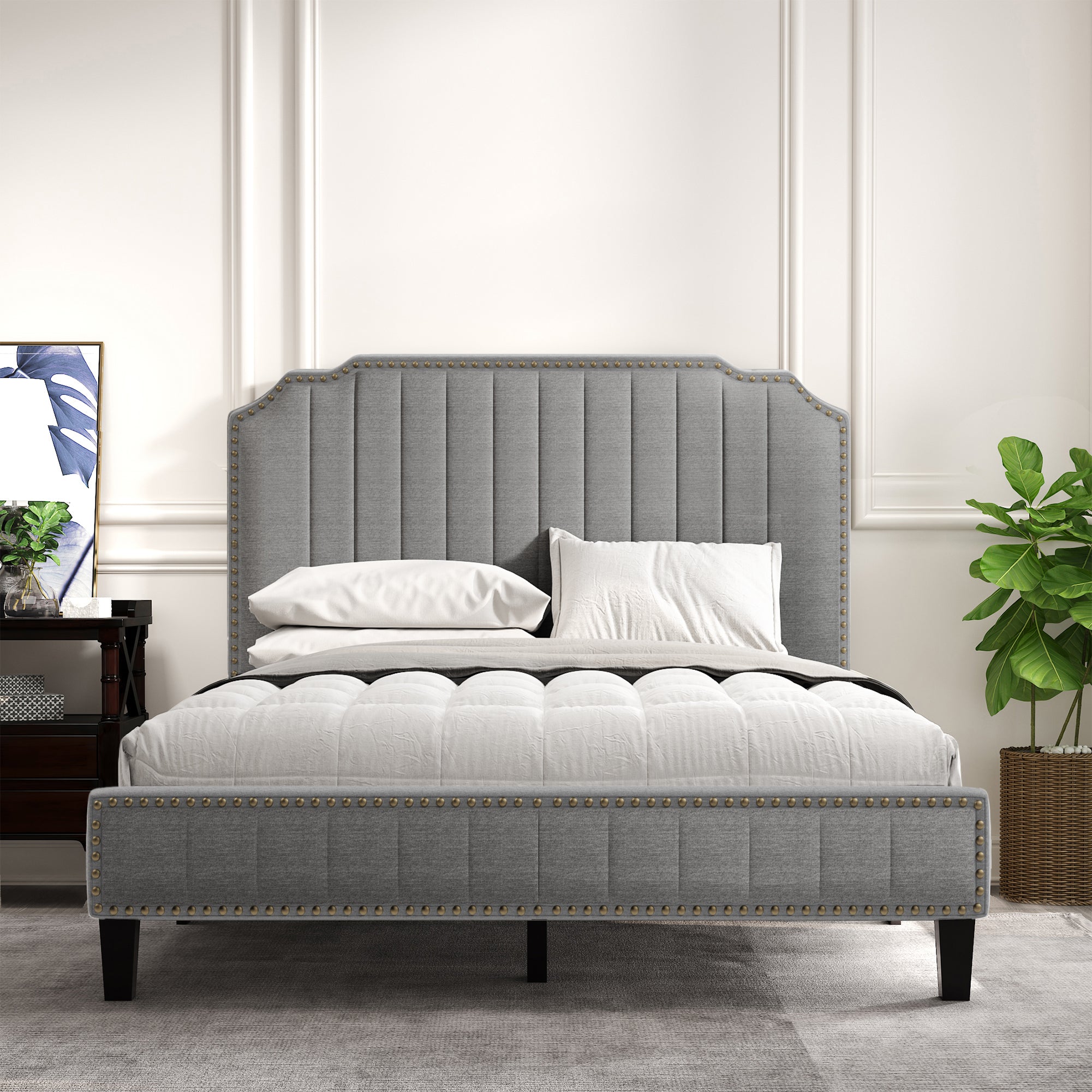 Modern Linen Curved Upholstered Platform Bed (Gray)