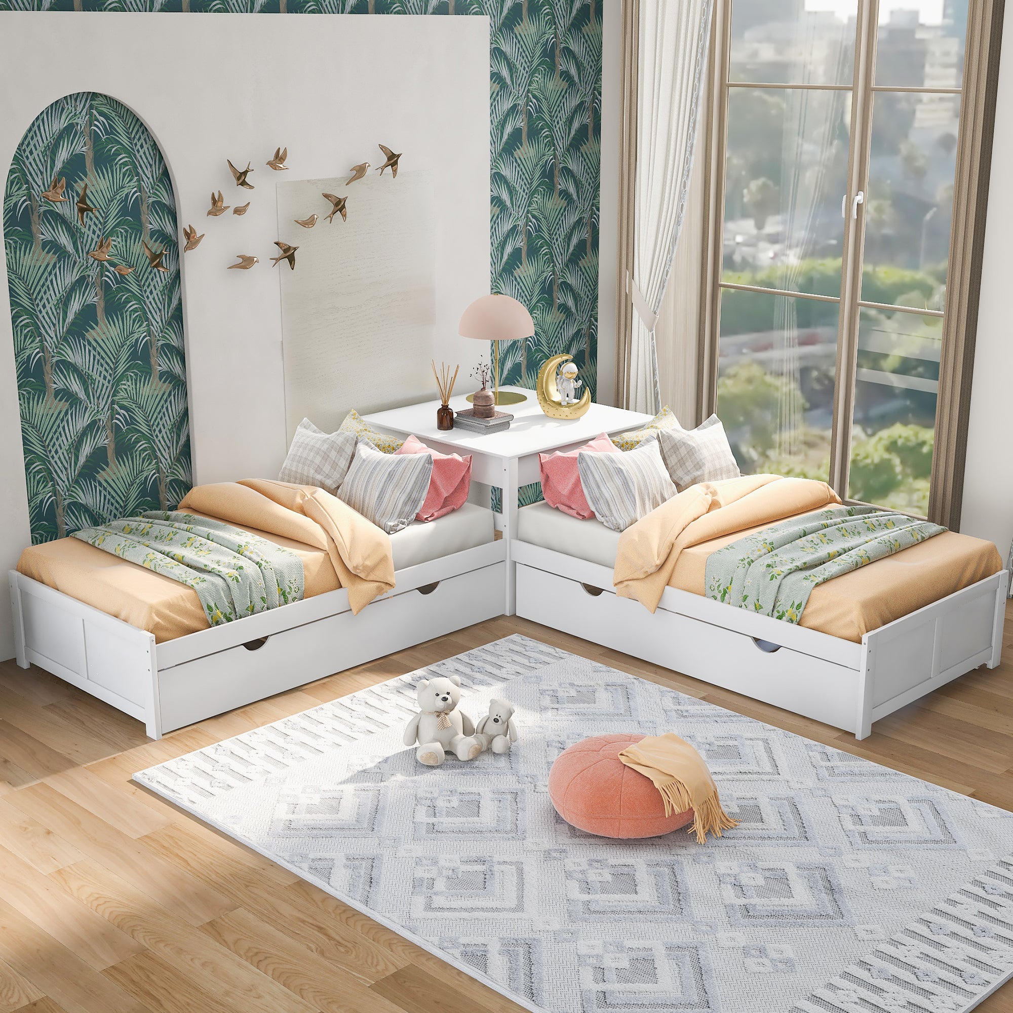 Twin Size L-shaped Platform Bed with Two Trundles and Built-in Square Table (White)