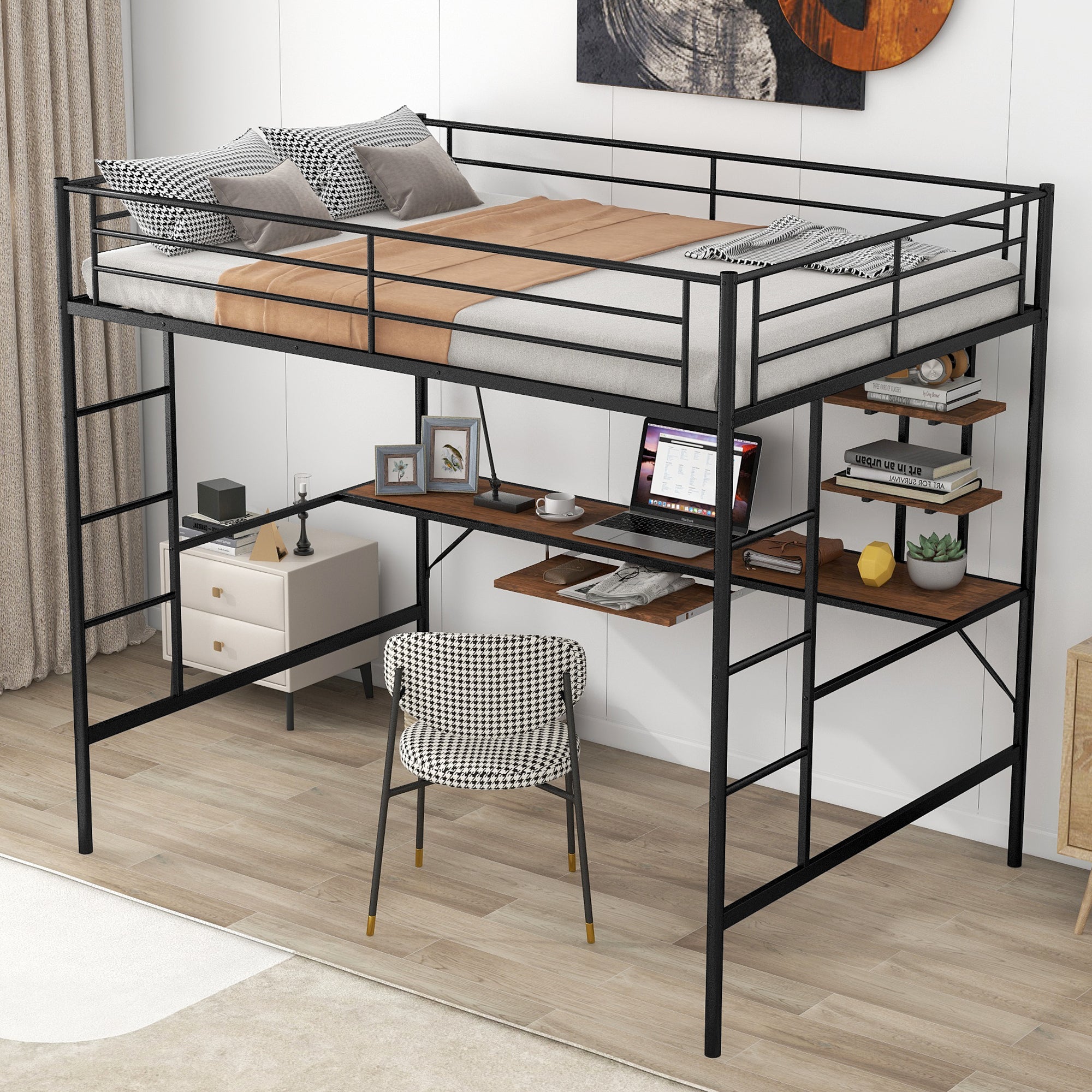 Loft Bed with Desk and Shelf (Black)