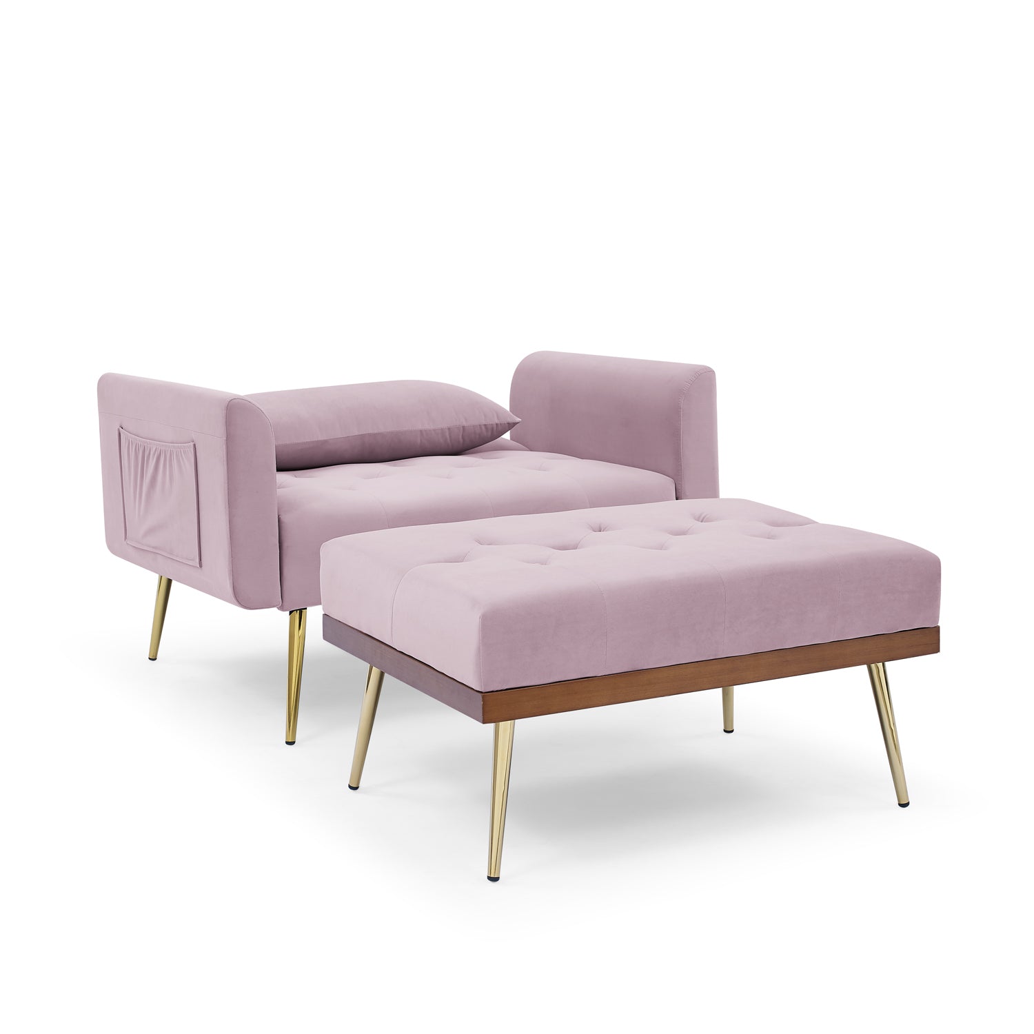 Recline Sofa Chair with Ottoman, Two Arm Pocket and Wood Frame include 1 Pillow, Pink (40.5”x33”x32”)