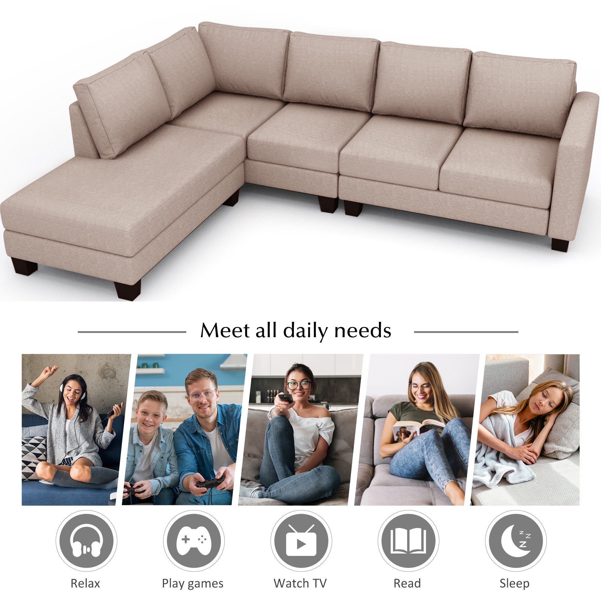 107.25*87"Textured Fabric L-shaped Sofa With 5 Seaters