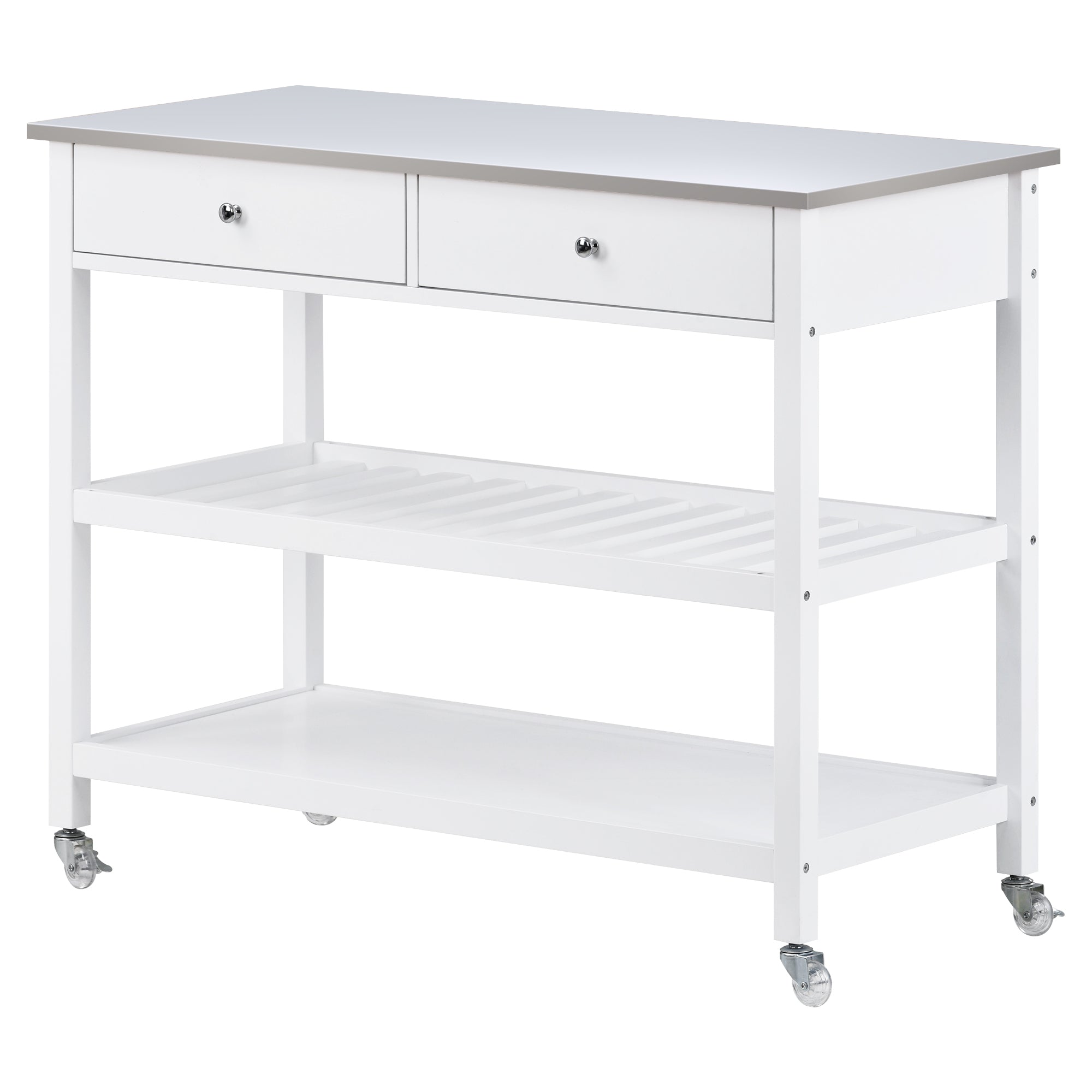 Rolling Kitchen Cart with Stainless Steel Top and Locking Wheels 43.3" Wide Bamboo Wood Frame (White)