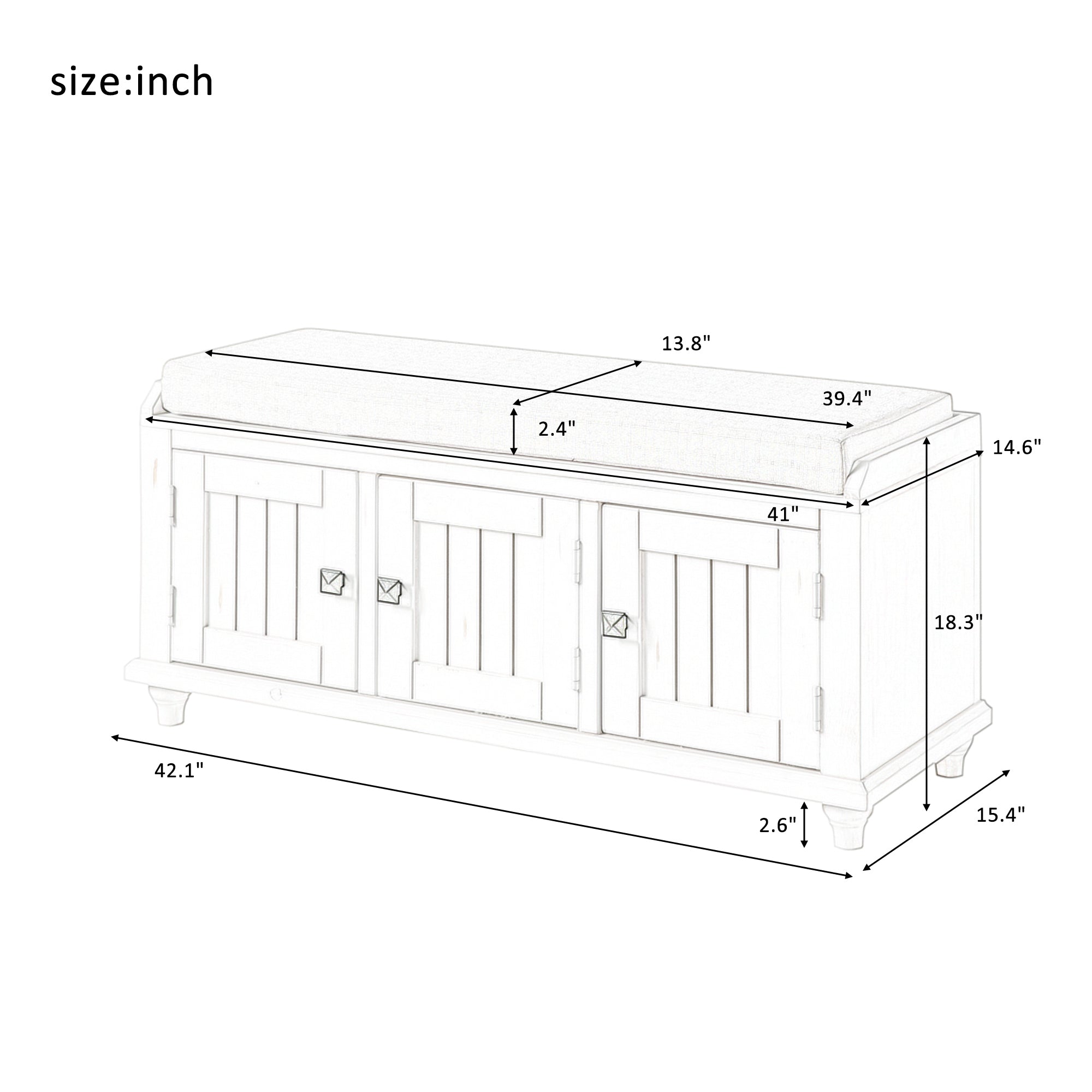 Wood Storage Bench with 2 Cabinets (White)