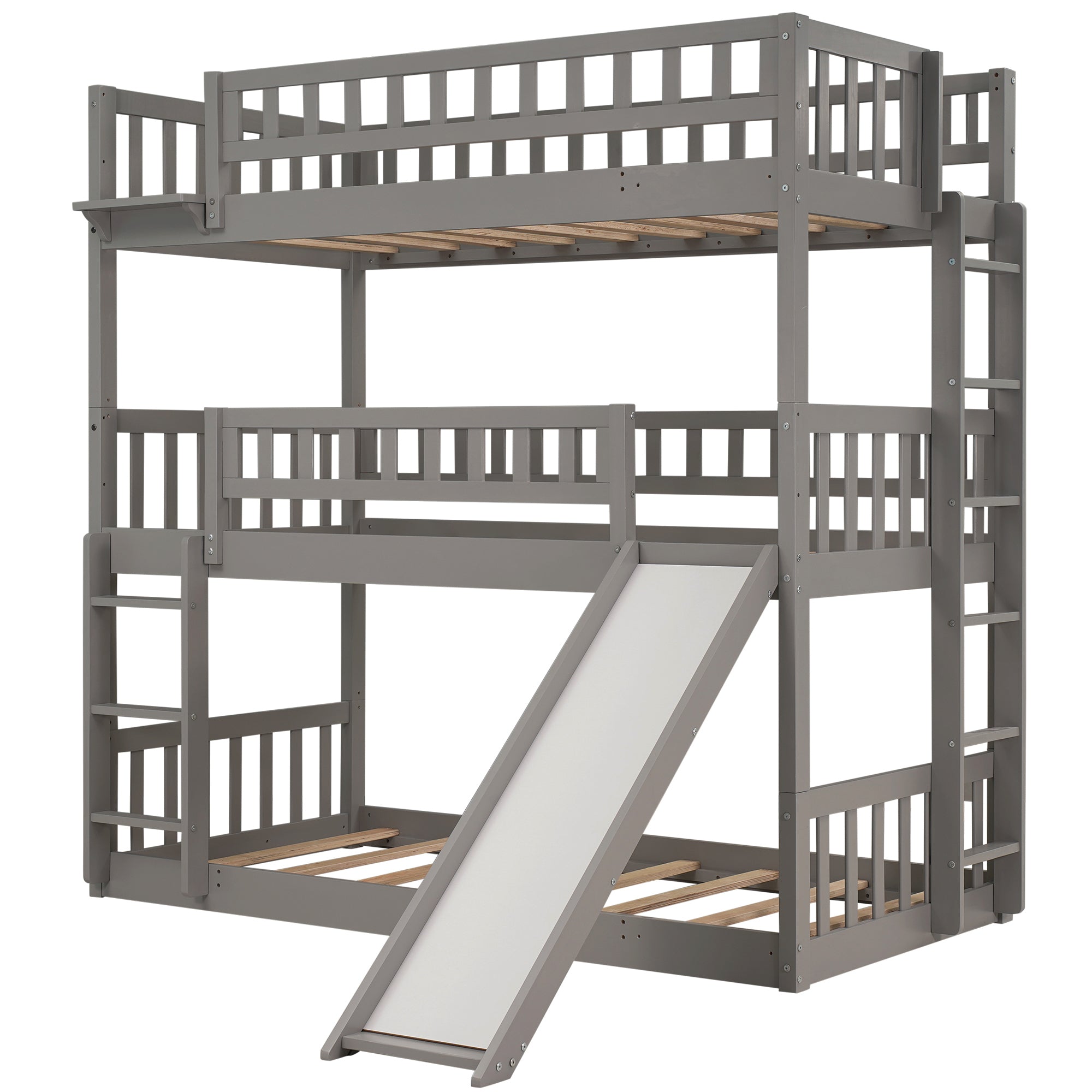 Twin-Over-Twin-Over-Twin Triple Bed with Built-in Ladder and Slide (Gray)