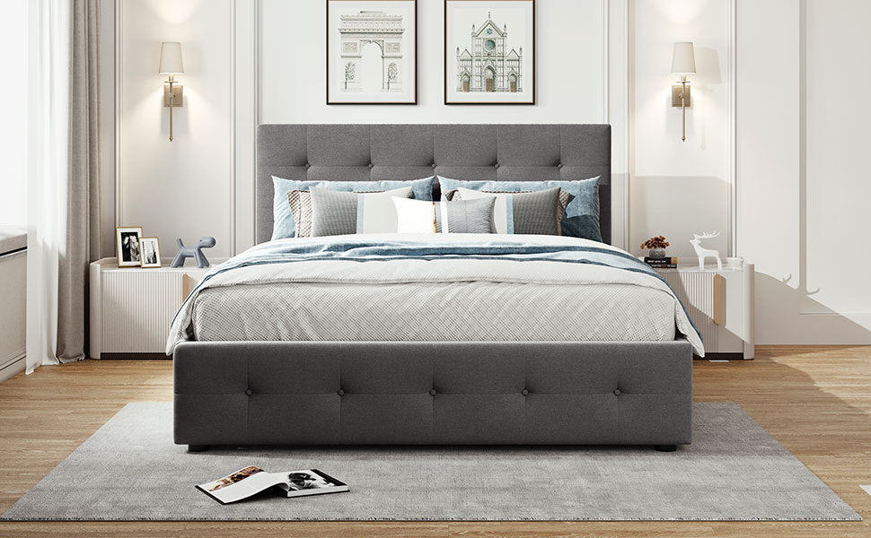Upholstered Platform Bed with 2 Drawers and 1 Twin XL Trundle Queen Size (Gray)
