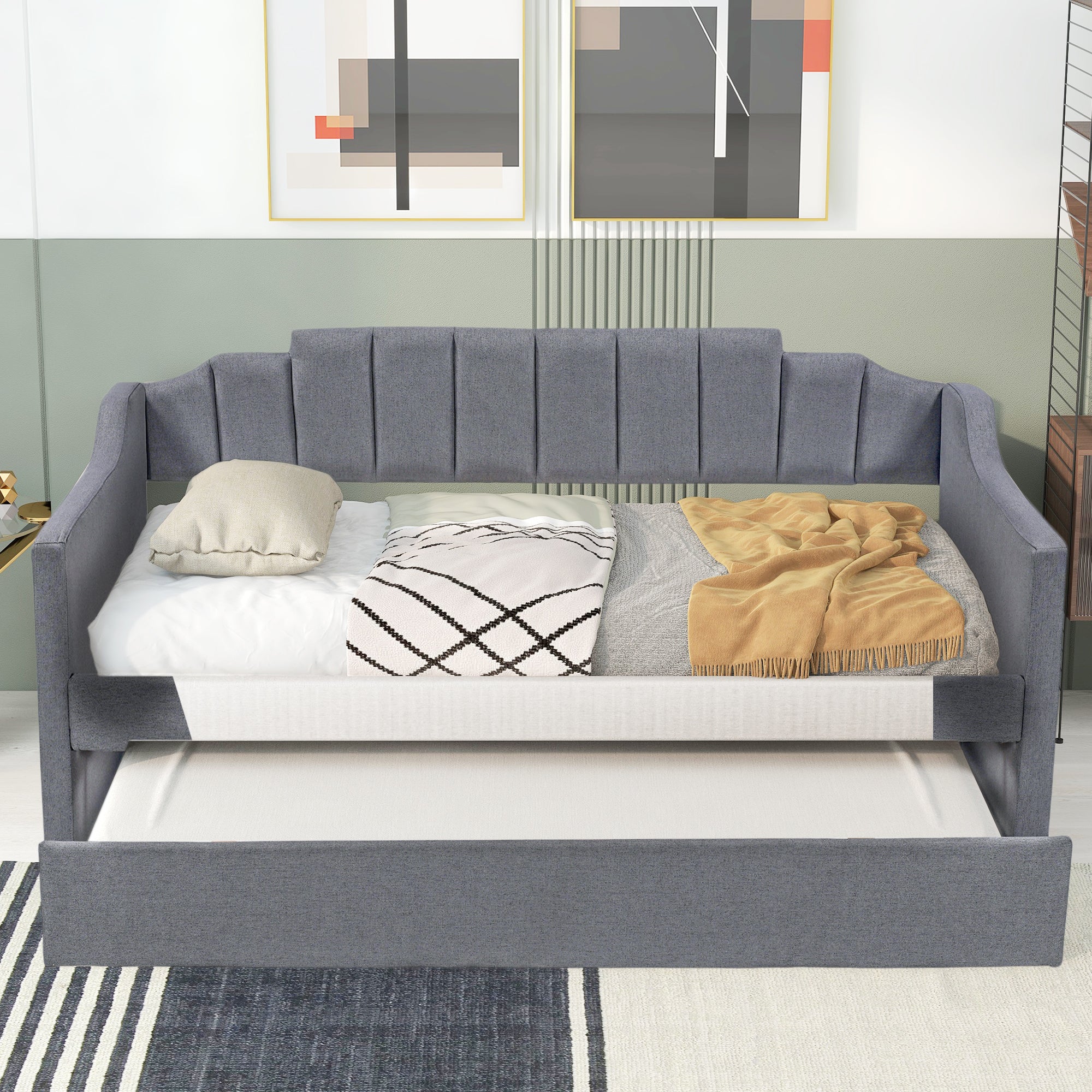 Upholstered Twin Daybed with Trundle (Gray)