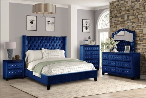Tufted Upholstered Velvet Queen Bed (Blue)