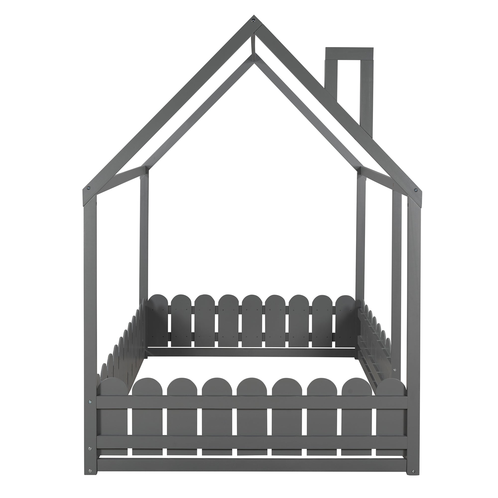 Full Size Wood Bed House Bed Frame with Fence (Gray) （Slats are not included)